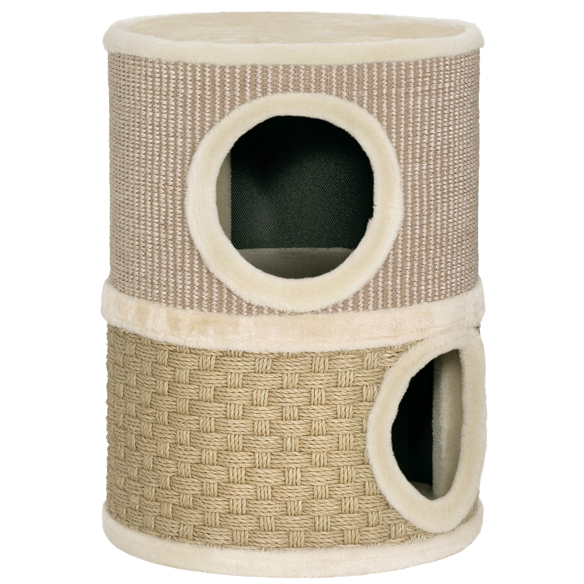 Kratztonne, 49 cm hoch, Ø35,5 cm zweistöckige Katzentonne mit Plüschrand Kratzmatte, 2 Höhle Khaki+Kaffee