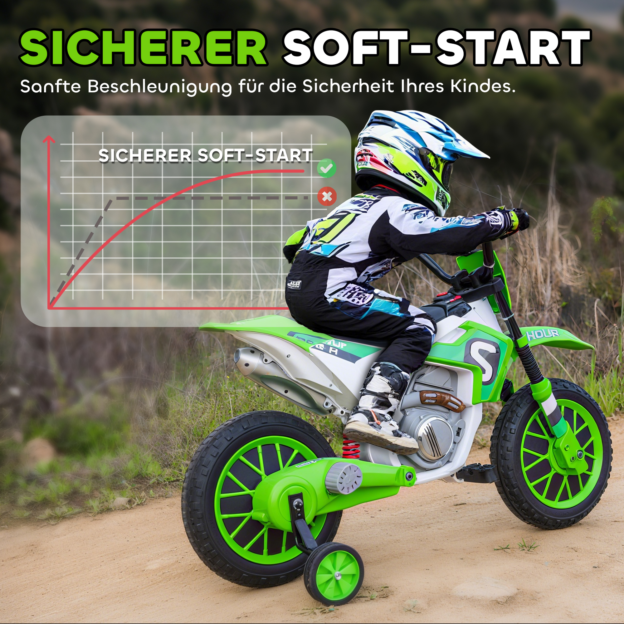 Kindermotorrad, mit Stützrädern, ab 3 Jahre, grün & weiß