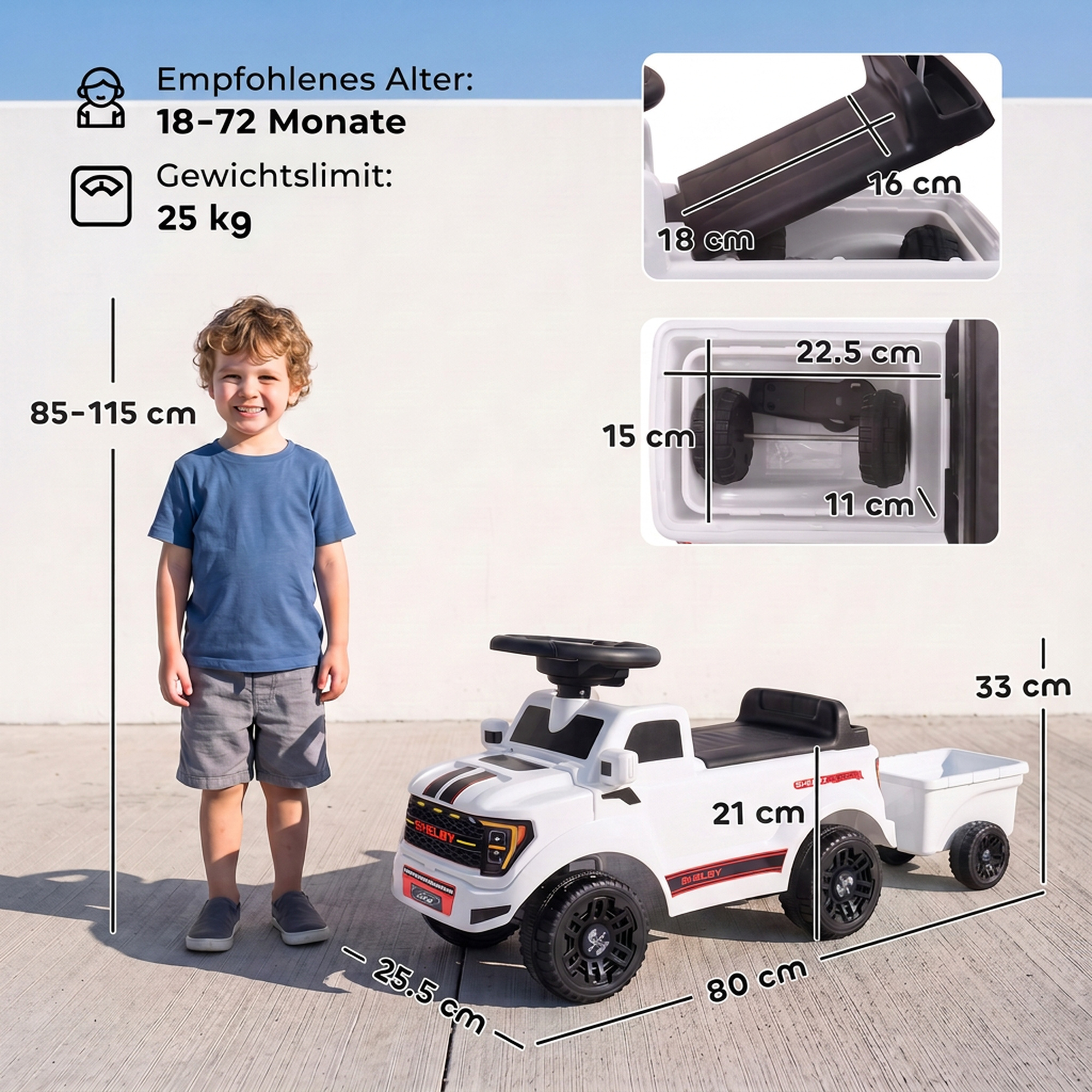 Rutschauto für Kleinkinder, Shelby Kinderauto mit hinterem Korb, aufklappbarer Motorhaube, für 18–72 Monate, Weiß