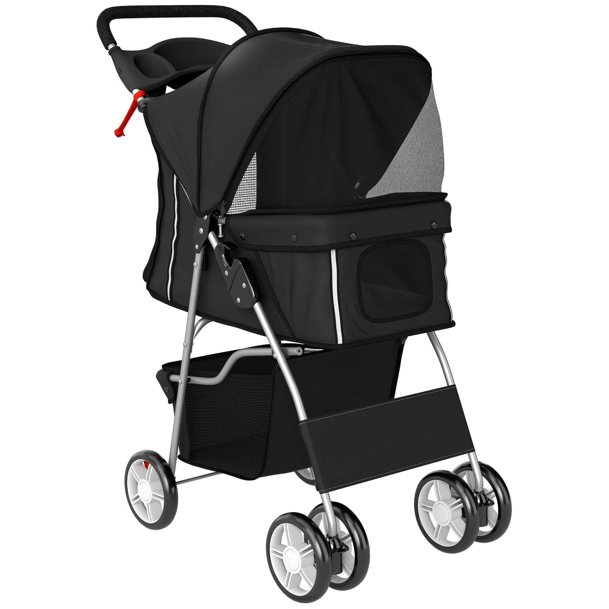 Hundewagen Faltbar Hundebuggy mit Reflektorstreif Aufbewahrungskorb Kissen für kleine Hunde bis 10 kg 77x44x102 cm Schwarz