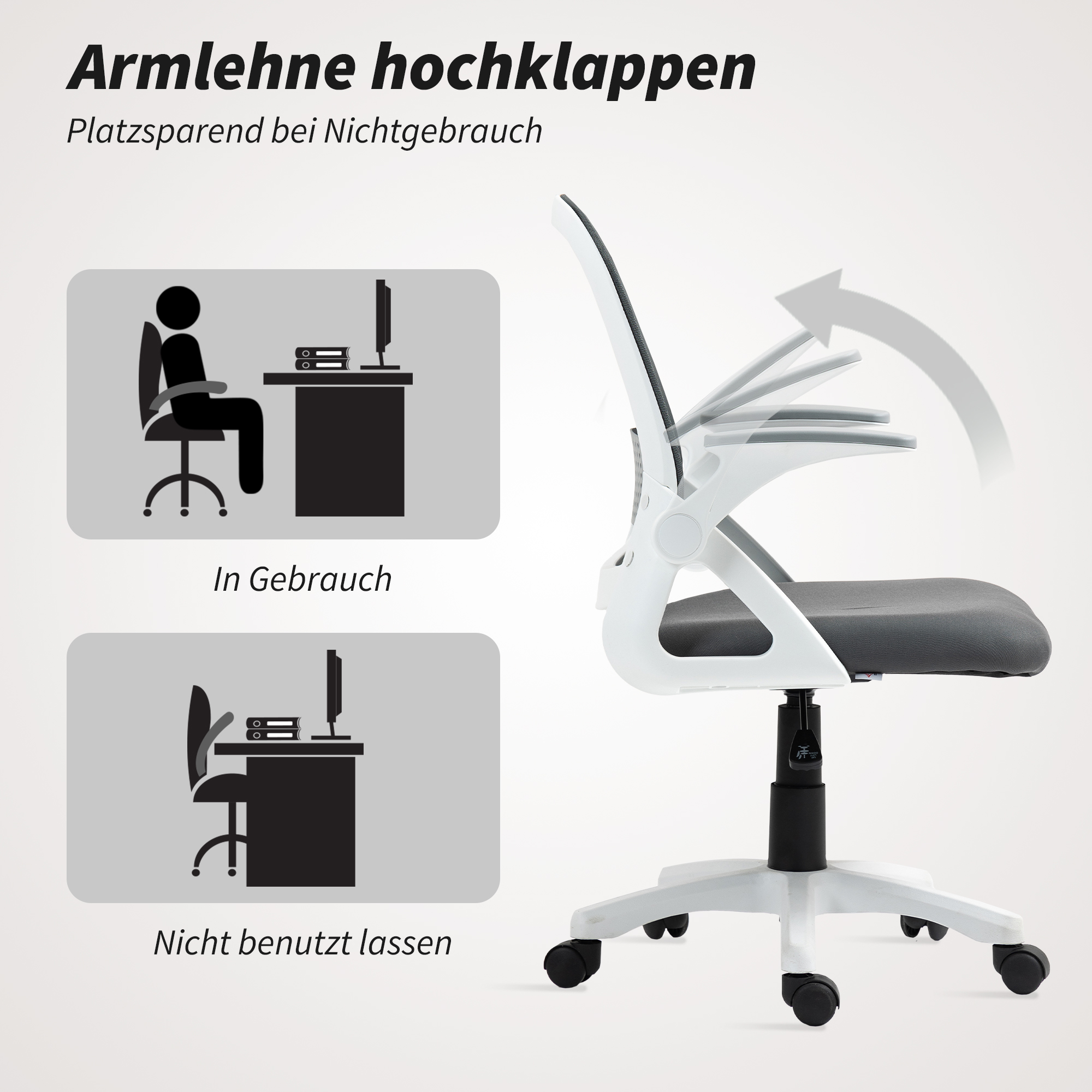 Atmungsaktiver Mesh-Bürostuhl, Ergonomischer Drehstuhl mit klappbaren Armlehnen und Lendenwirbelstütze, Grau