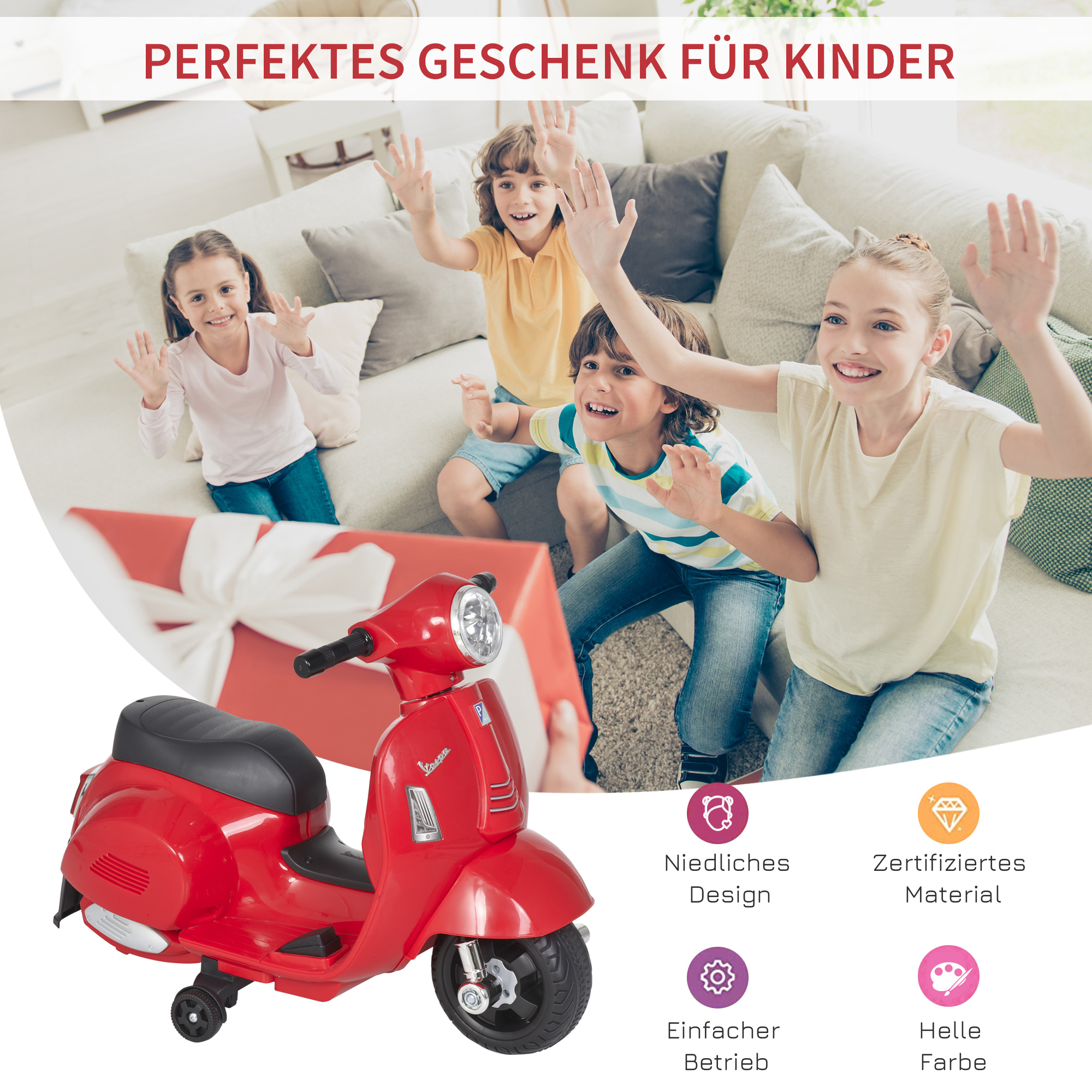 Elektro Kindermotorrad Vespa Elektromotorrad mit LED-Licht, Sound, Kinder Elektro Motorrad für Kinder von 18-36 Monate Rot