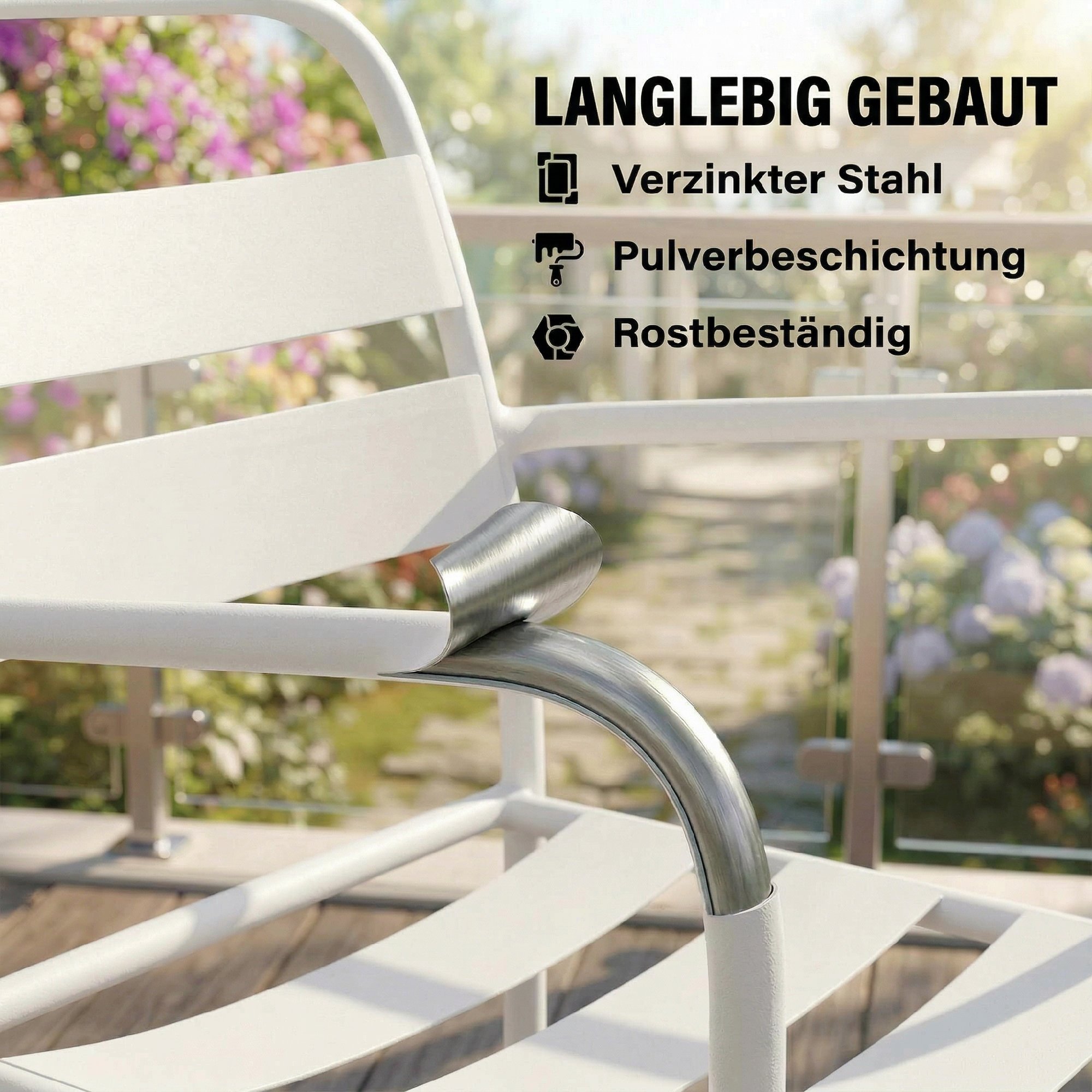 Bistroset 3 teiliges Metall Gartenmöbel-Set mit 2 Gartenstühlen, Glastisch, Lamellen-Design, Rostbeständig