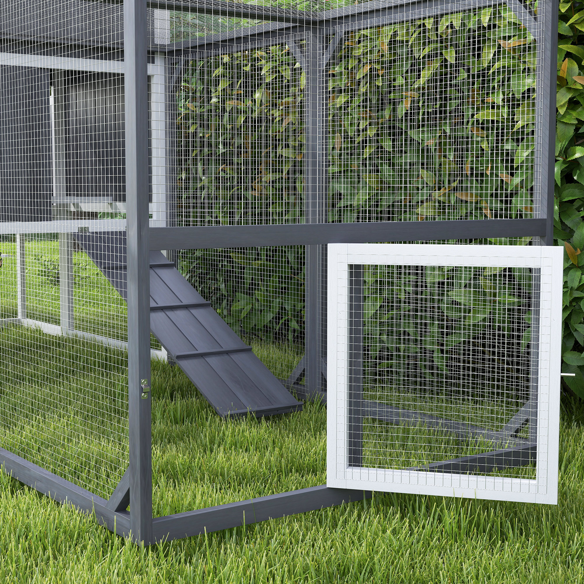 Hühnerstall mit Auslauf für 3-4 Hühner, 3-tlg. Nistkasten, 1,9 m² Fläche, Tannenholz, Grau