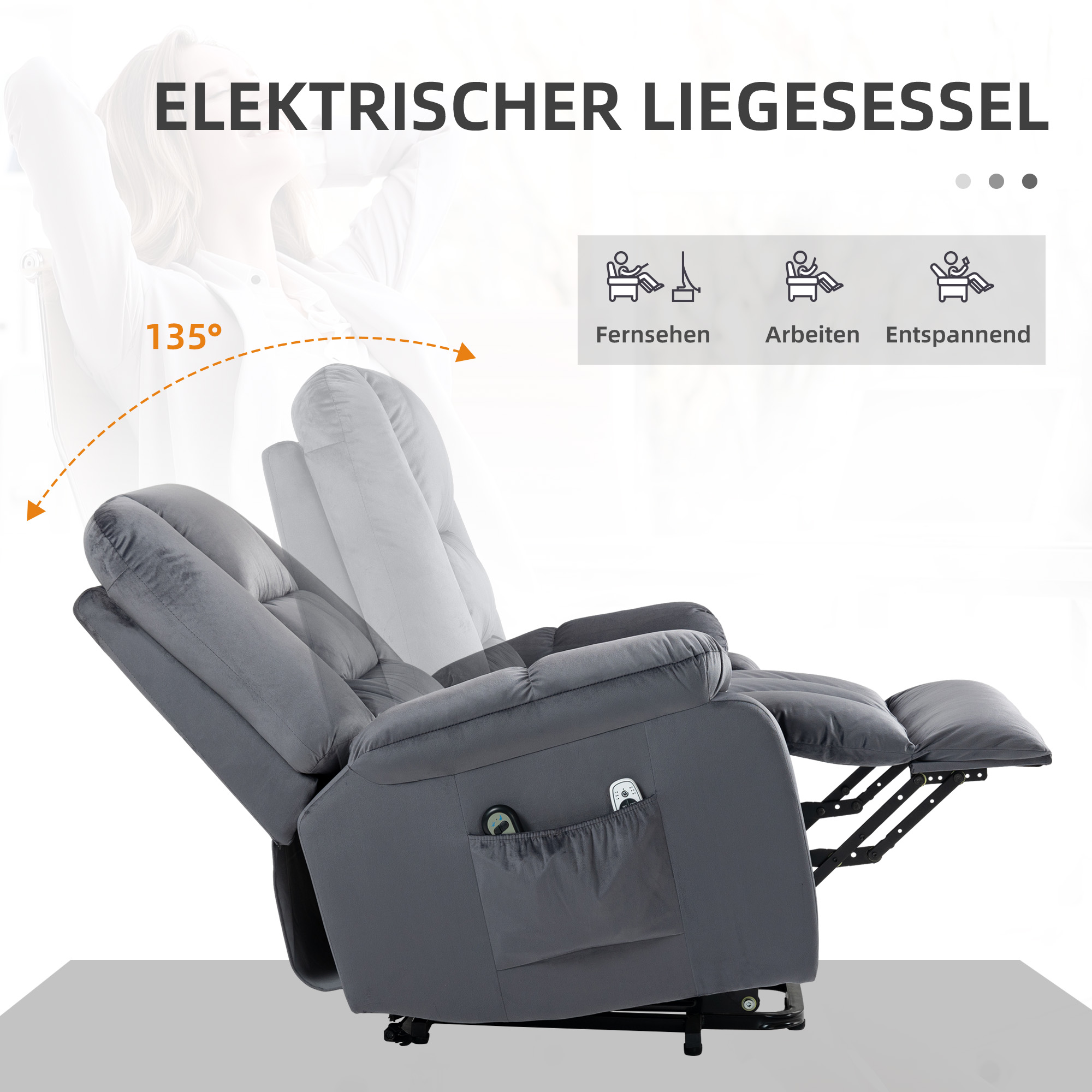 Massagesessel Aufstehhilfe Seniorensessel Relaxsessel, 8 Massagepunkte, 2 Seitentaschen, 85 cm x 94 cm x 107cm, Grau