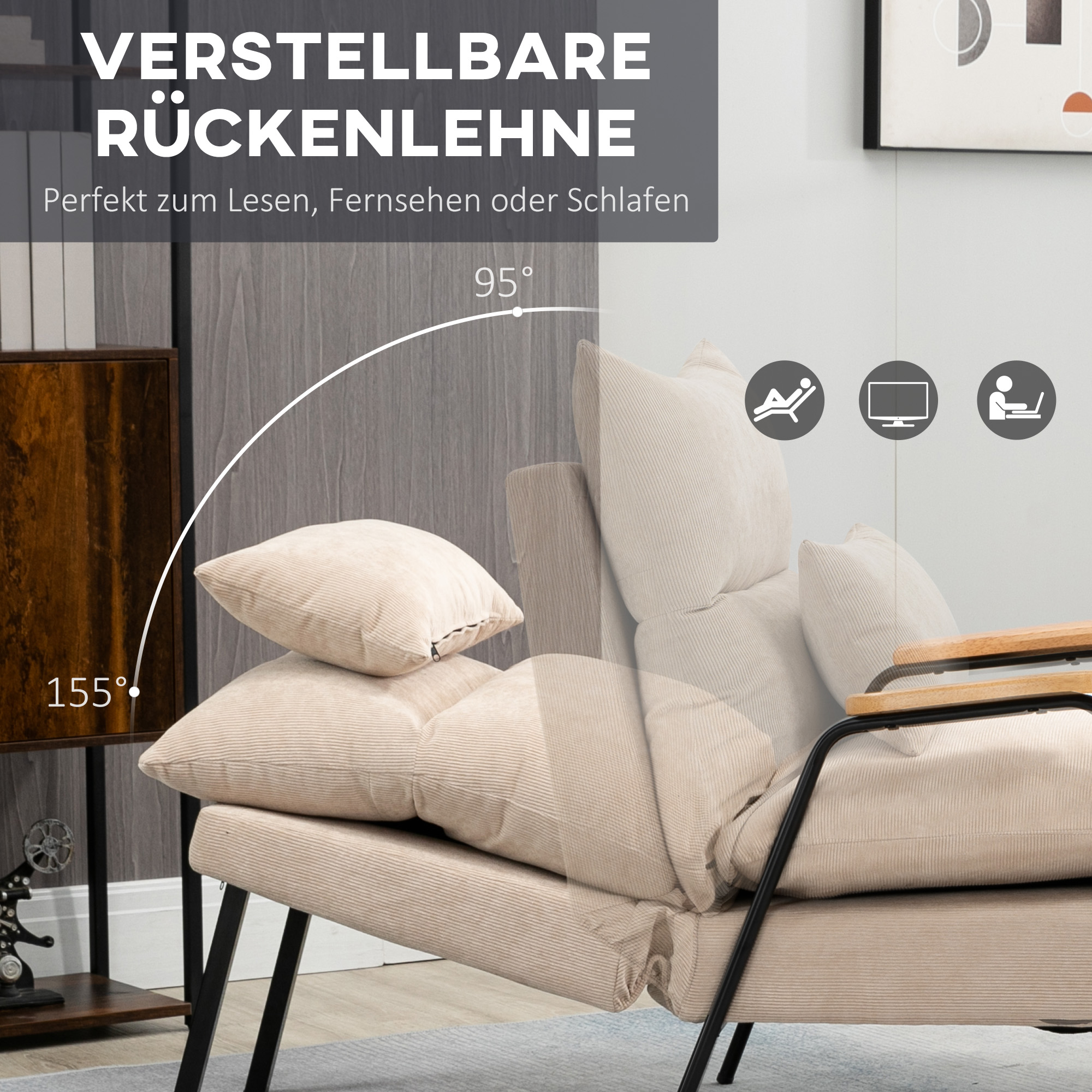 Polstersessel mit Hocker, Relaxsessel mit Liegefunktion, Polsterstuhl, Kissen, Fernsehsessel, 68 x 91,5 x 88 cm, Beige