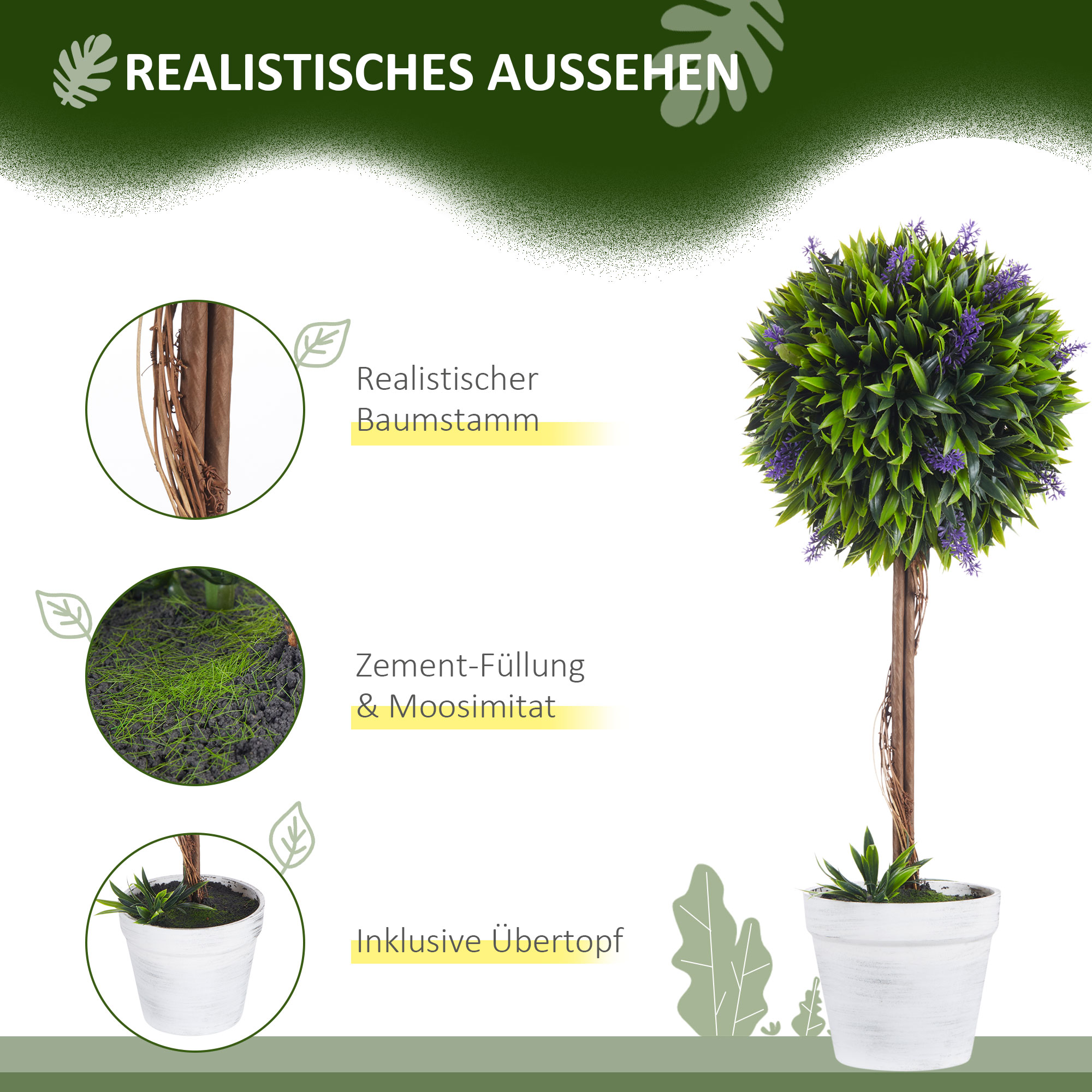 2er-Set Kunstpflanze inkl. Übertopf und Kunstmoos, künstliche Lavendelstämmchen,  Weiß + Grün + Lila