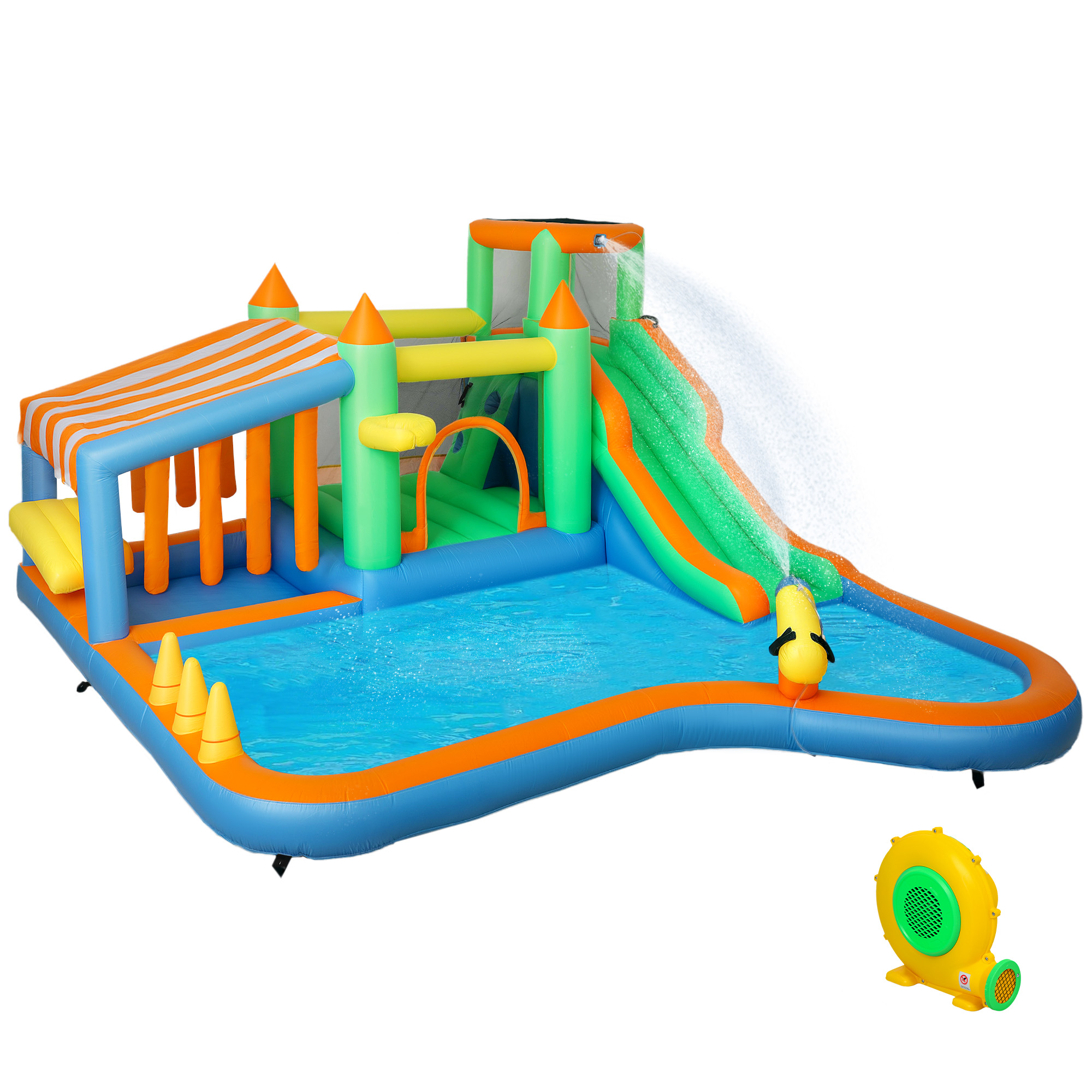 Hüpfburg für Kinder, mit Wasserrutsche, Planschbecken, Kletterwand, für drinnen und draußen, 360 x 315 x 195 cm, Bunt