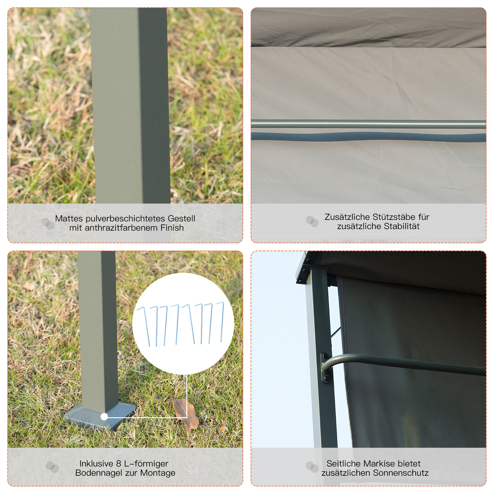 Grillpavillon mit Flammschutzdach, BBQ-Pavillon mit 2 Ablagen, Polyester, Schwarz, 218 x 138 x 216 cm