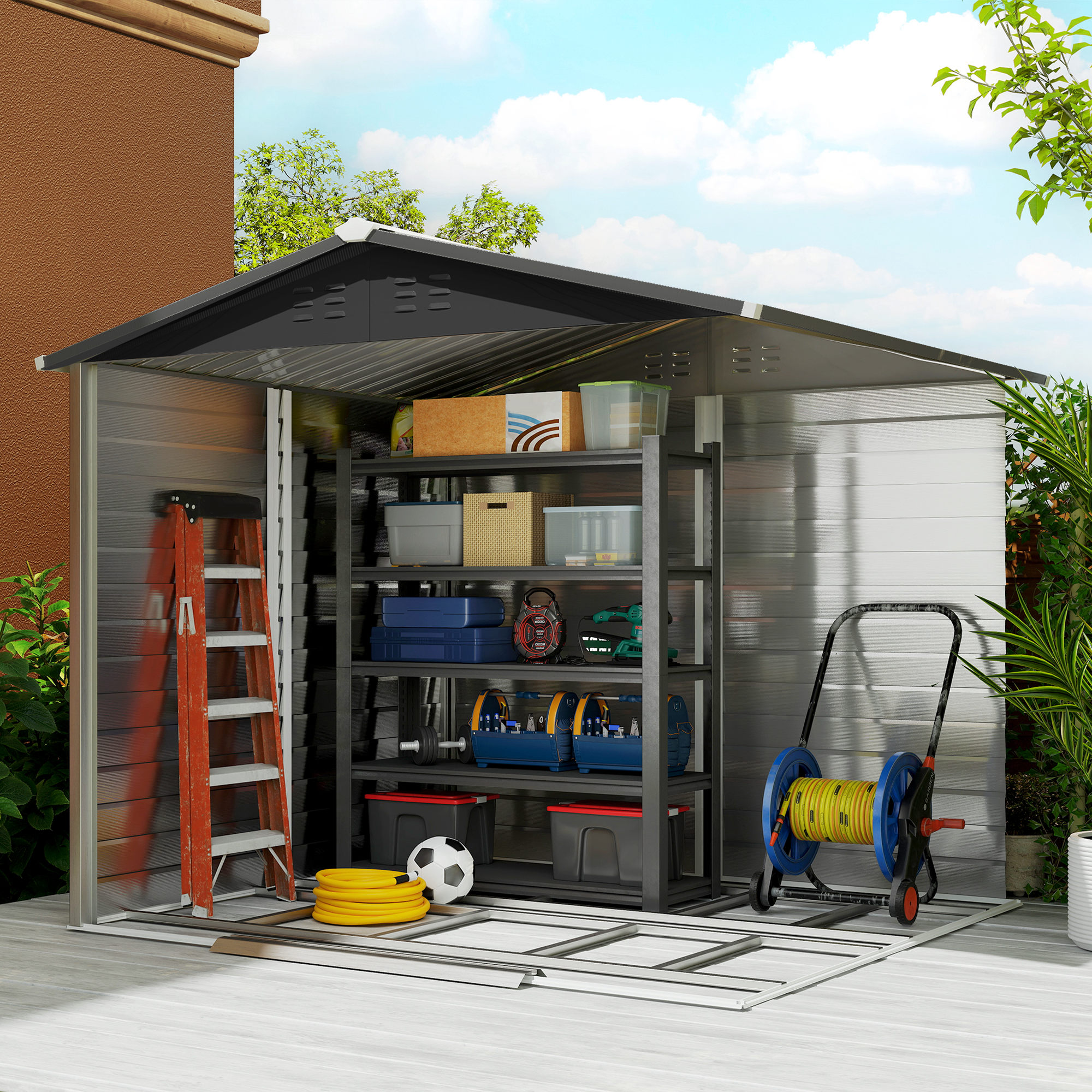 Geräteschuppen, aus Metall, wetterfest & rostfrei, abschließbar,  2,40 x 2,06 x 1,98 m, Teak