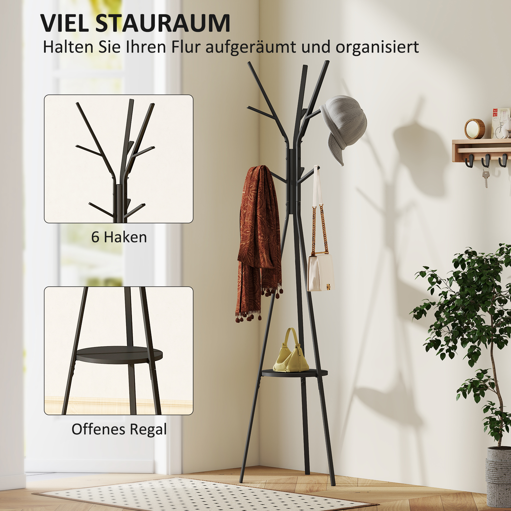 Garderobenständer Kleiderständer mit Ablage und 8 Haken Jackenständer Moderner Garderobe für Kleidung Hut Tasche, Wohnzimmer, Schwarz