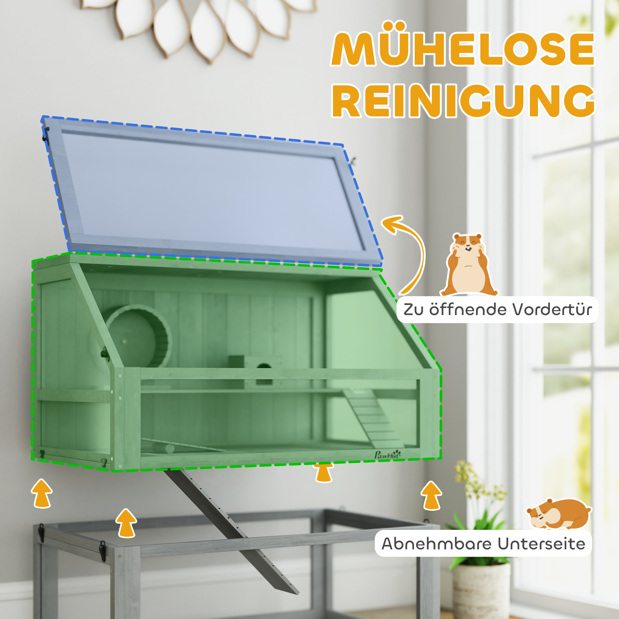 Hamsterkäfig Holz, 3 Etagen mit Untergeschoss, abnehmbare Ebene, für Kleintiere, 80x50x76cm, Hellgrau