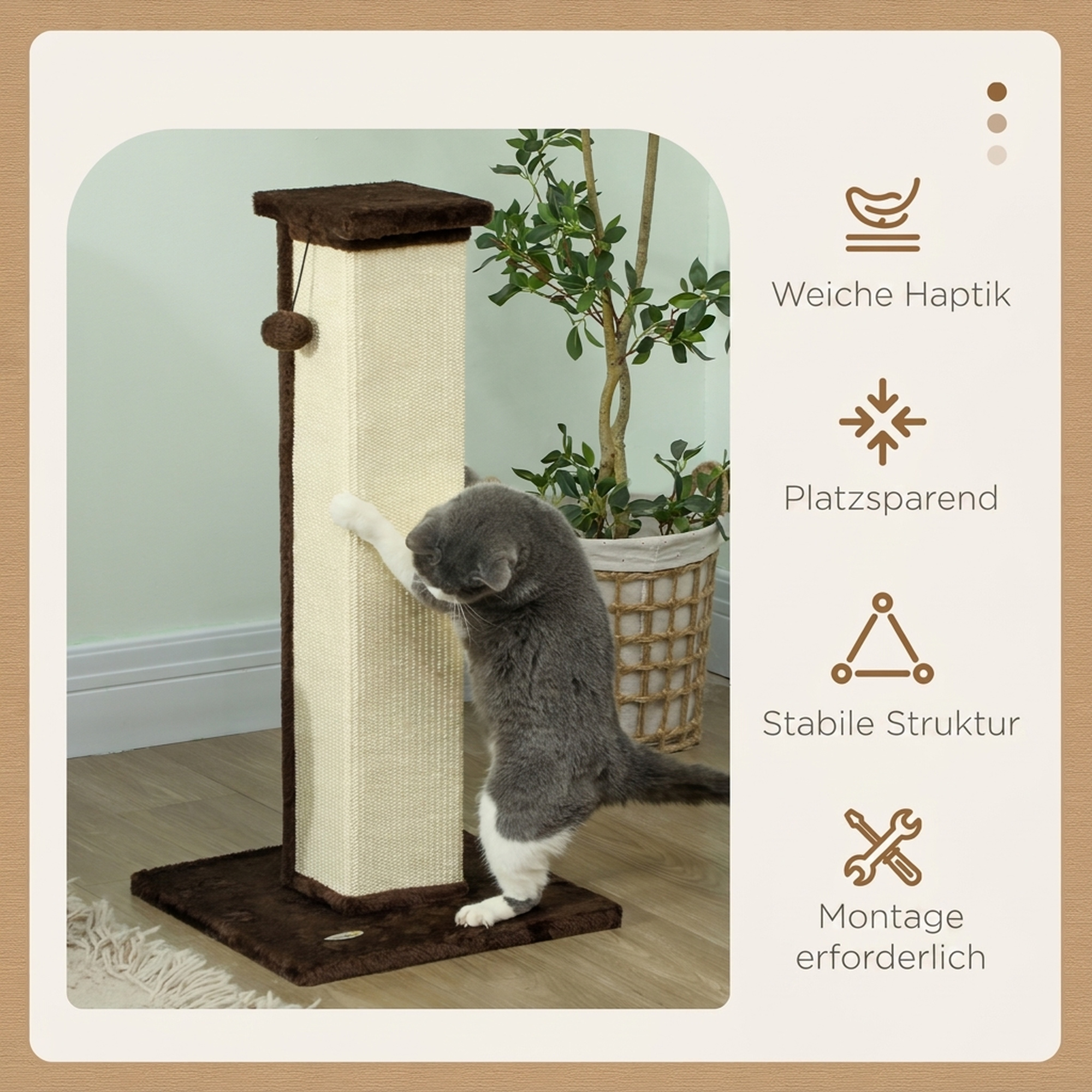 Kratzbaum Katzenbaum, inkl. Spielball, Plüsch, Sisal, 41 cm x 41 cm x 81 cm, Creme + Braun
