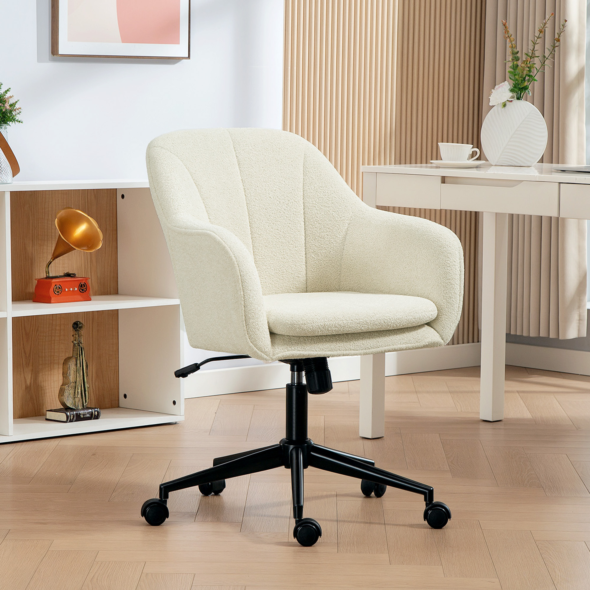 Bürostuhl mit Stoffbezug in Schneeflanelloptik, Schminkstuhl mit gewölbter Rückenlehne, für Schlafzimmer, Beige