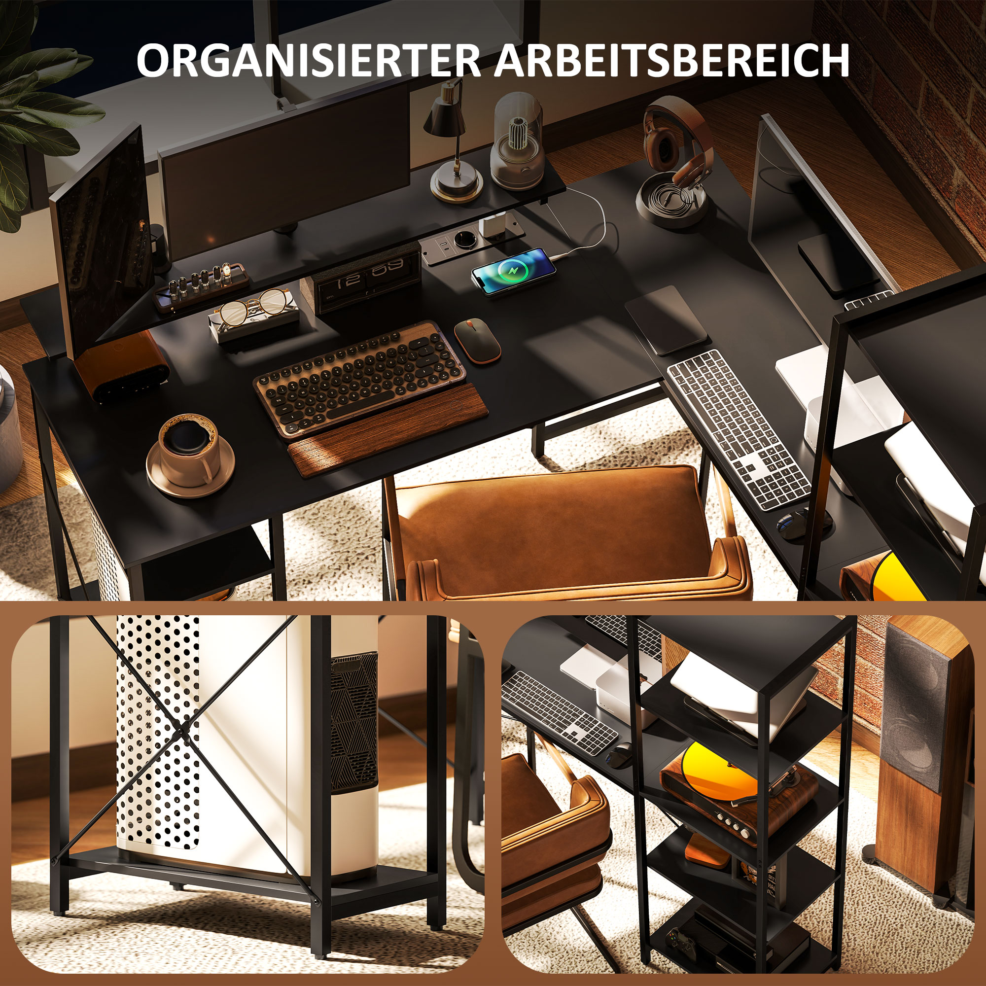L-förmiger Schreibtisch mit Ladestation, Eck-Computertisch mit Monitorständer und Regalen, für Homeoffice, Büro, Schwarz