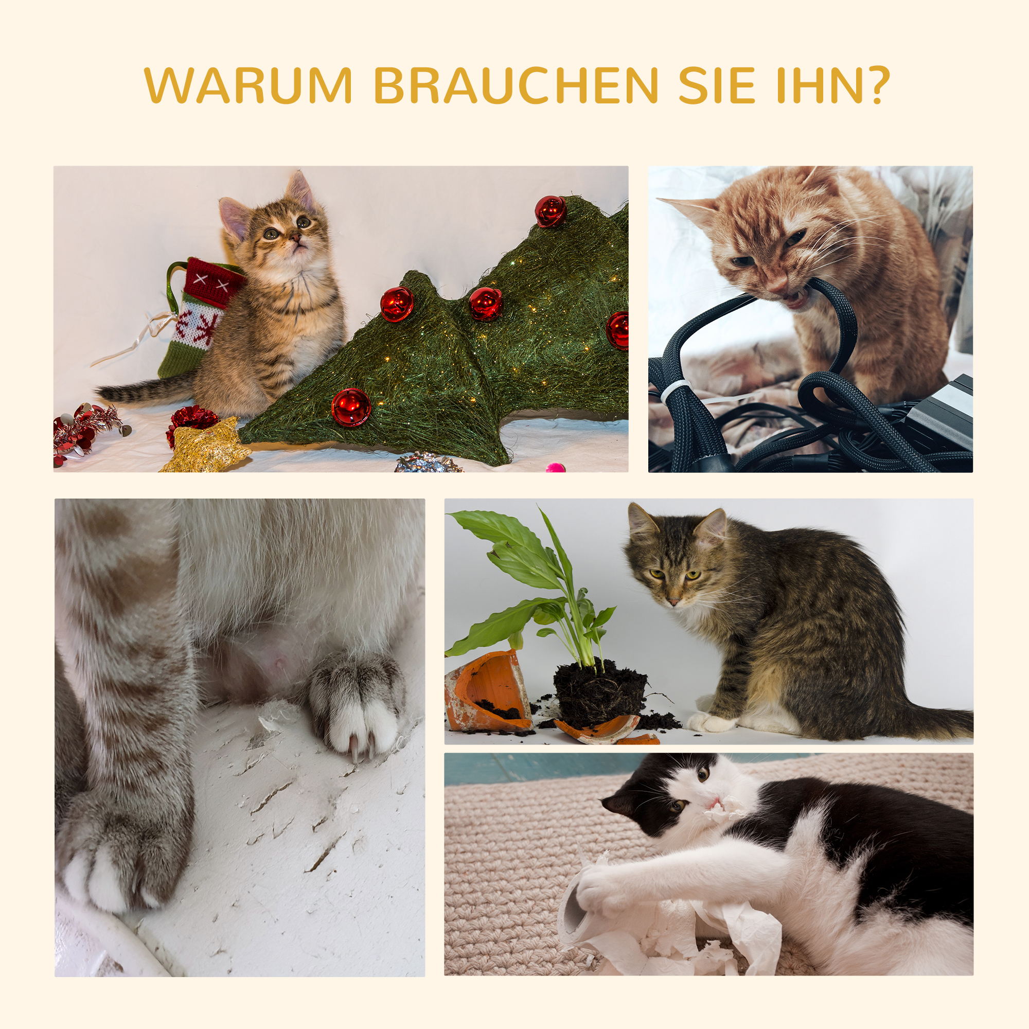 Kratzbaum Deckenhoch, 228-260 cm Höhenverstellbarer Katzenbaum Kletterbaum für Katzen mit 3 Ebenen, Katzenkratzbaum, Spielbaum vom Boden bis zur Decke Khaki