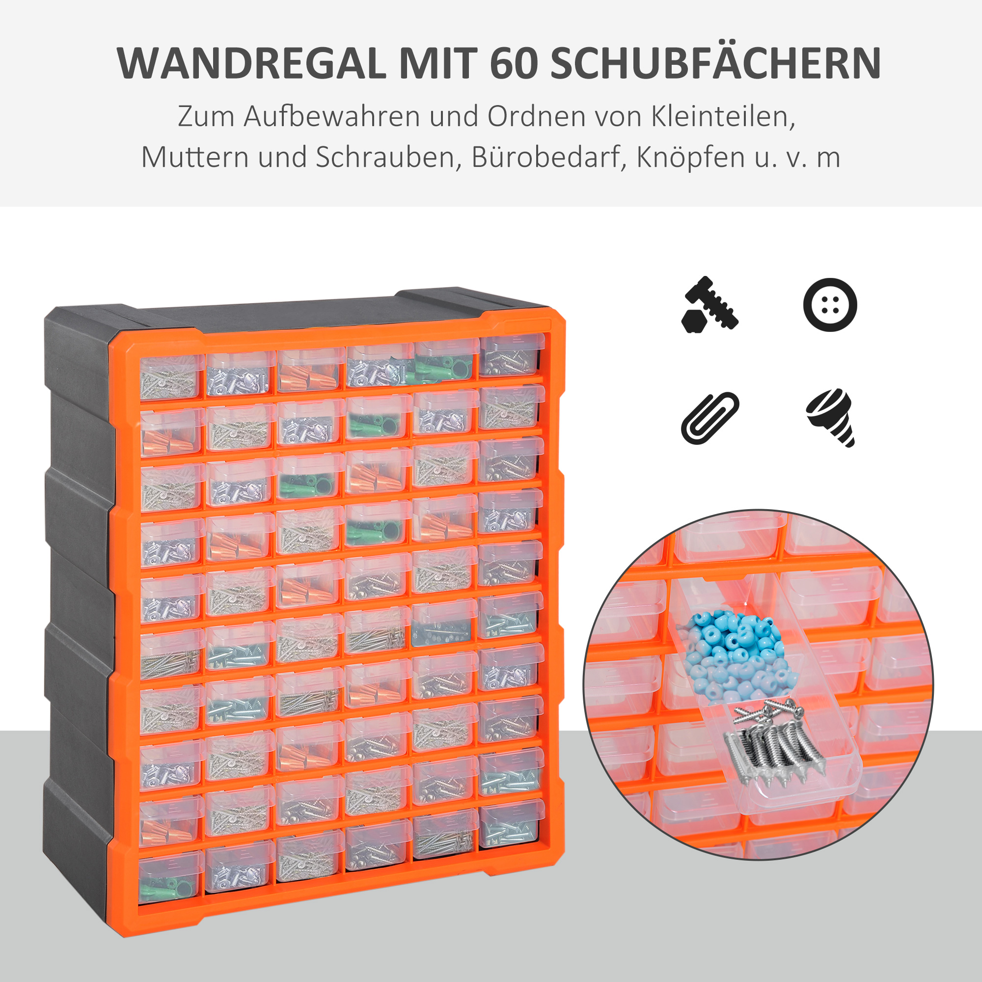 Sortierkasten Kleinteilemagazin Teile Box Aufbewahrungsbox 60 Fächer Orange L38 x B16 x H47,5 cm