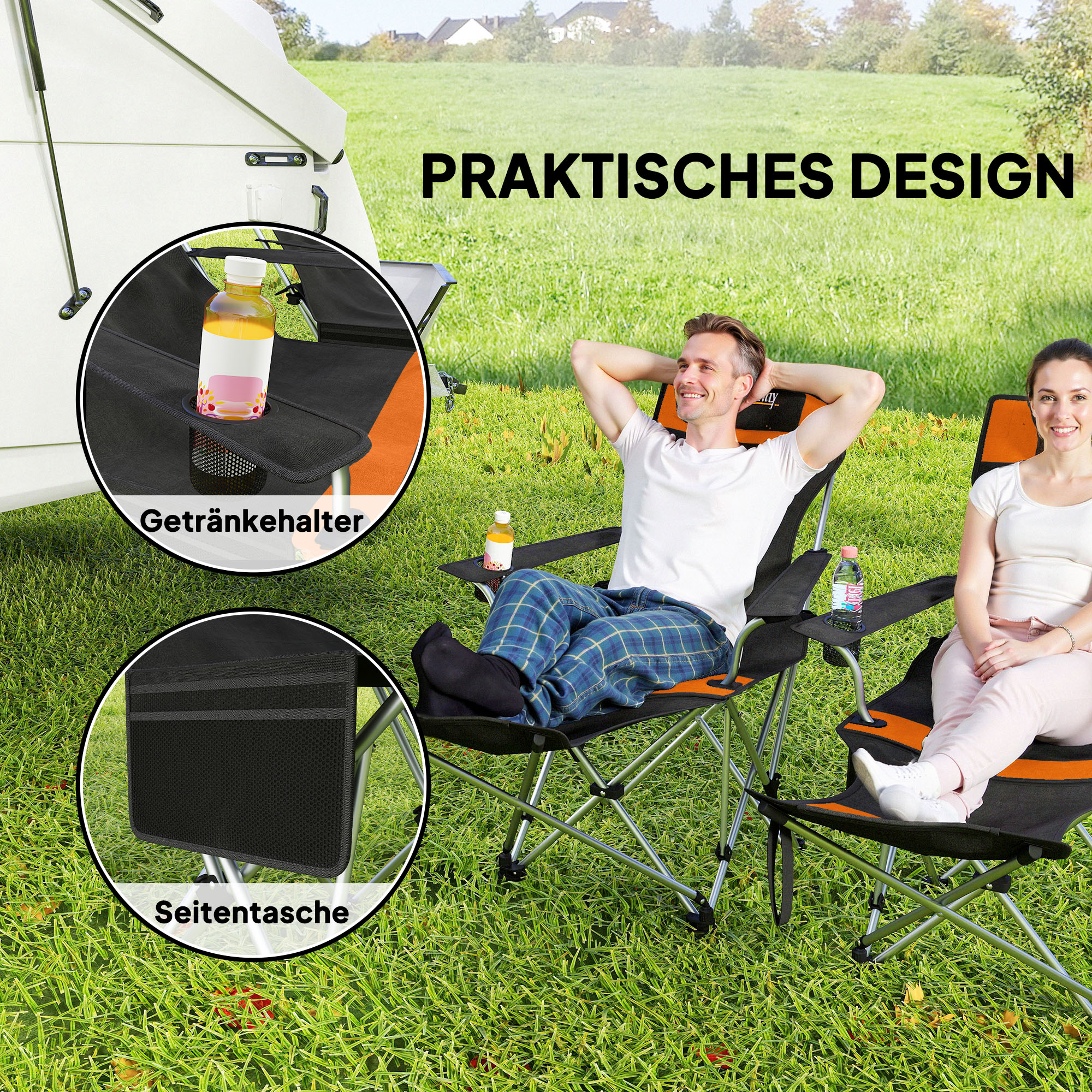 2er Set Campingstuhl faltbar Angelstuhl mit abnehmbar Fußstütze Getränkehalter belastbar 120 kg Orange