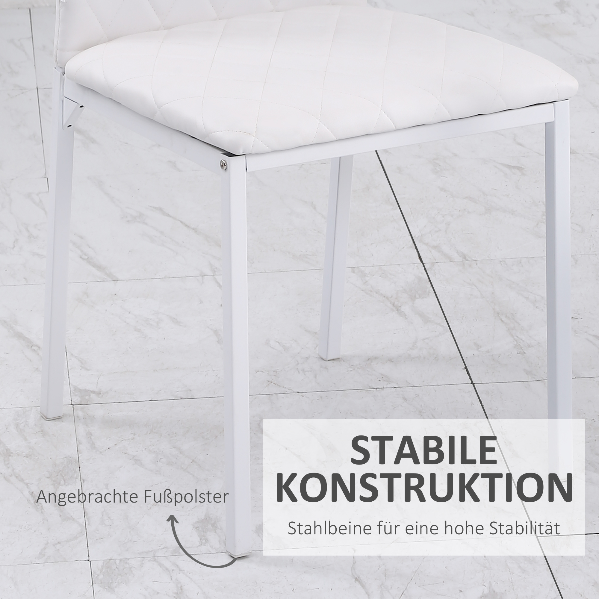 Esszimmerstühle im 4er-Set, Küchenstuhl mit Rückenlehne, Kunstleder, Wohnzimmerstuhl mit Fußpolster, Stühle, Polsterstuhl mit Metallbeinen für Esstisch, Weiß