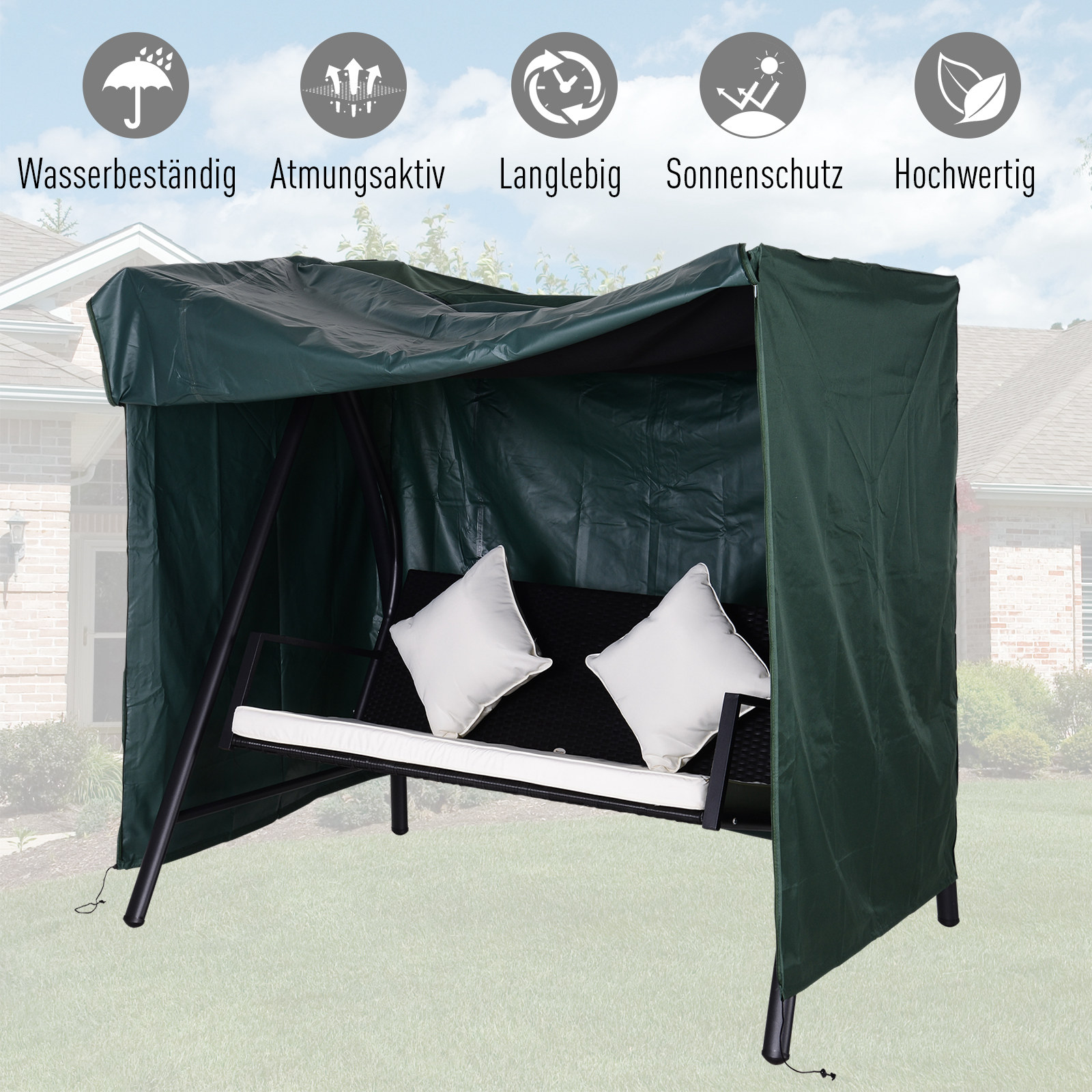 Hollywoodschaukel Abdeckung 3 Sitzer, Wasserabweisend Winterfest Schutzhülle für Gartenschaukel, UV-Beständig Abdeckplane, Abdeckhaube, Reißfest 420D Oxford Gewebe, 177x114x152cm Dunkelgrün