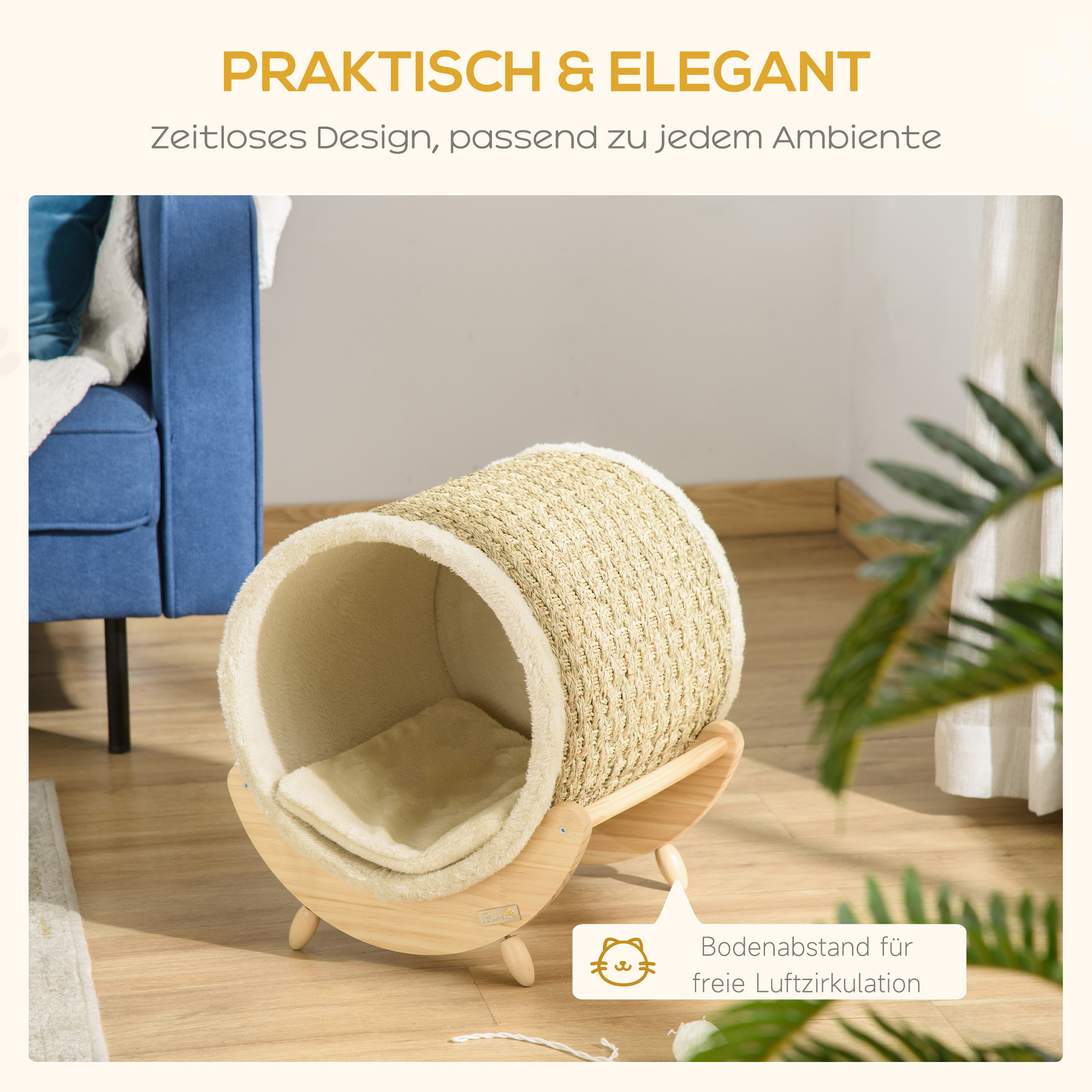 Katzenhöhle mit Kratzfläche inkl. Kissen, Kratztonne, 41 cm x 38 cm x 43 cm, Natur + Beige
