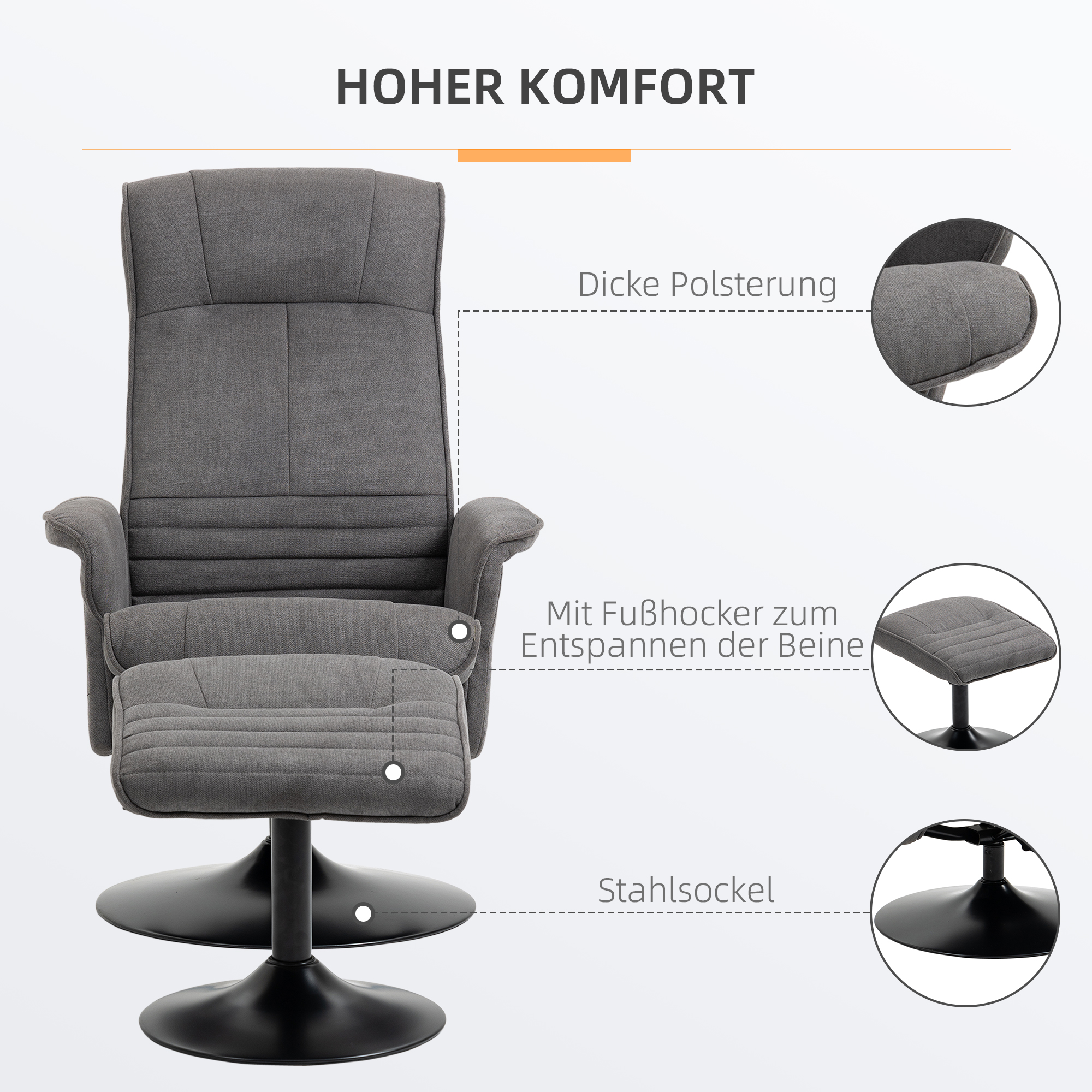 Relaxsessel mit Fußhocker, verstellbare Rückenlehne, 69 cm x 71 cm x 104 cm, Dunkelgrau + Schwarz