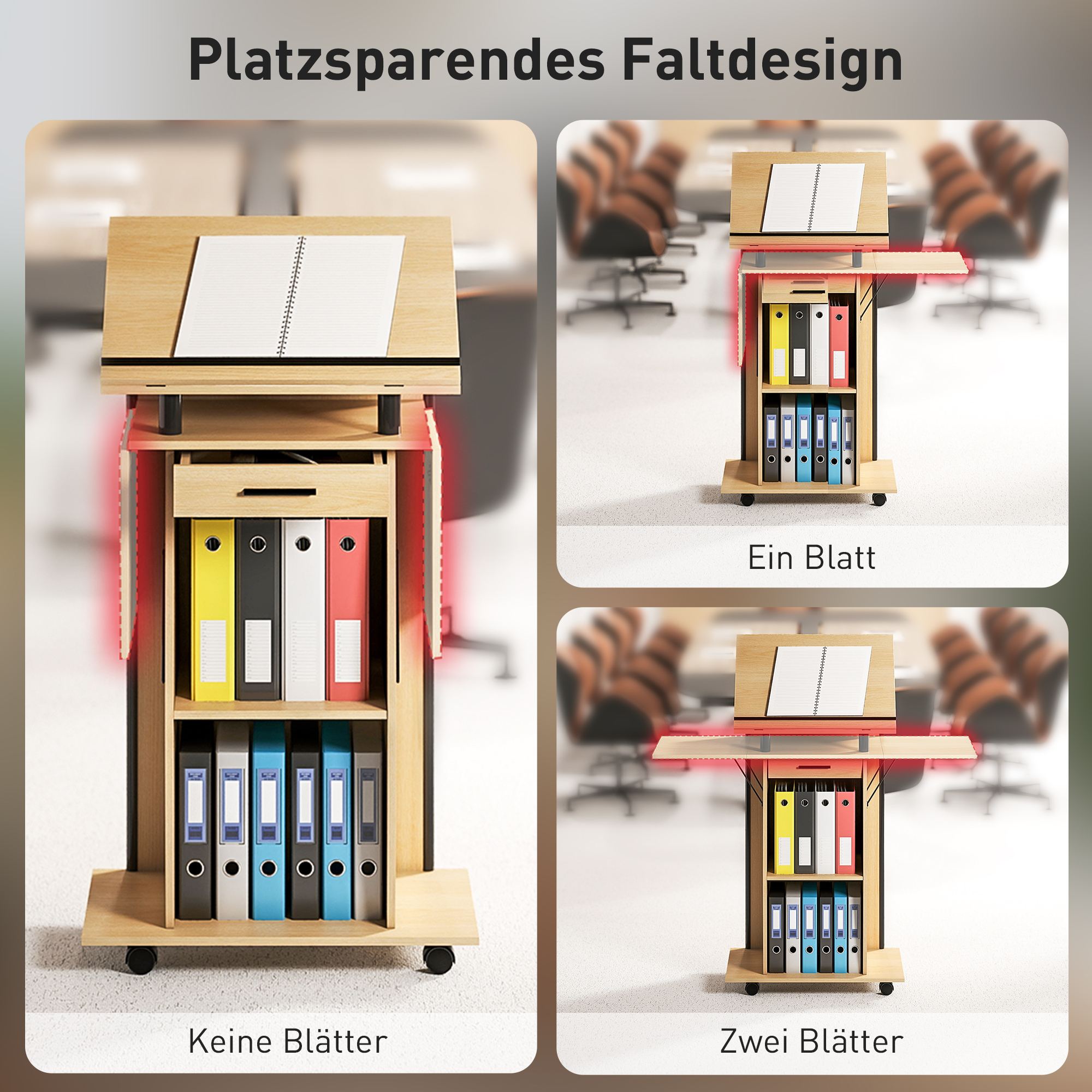 rollbarer Podiumsständer, Redepult mit klappbaren Seitenflügeln, Laptop-Tisch mit Schublade und Regalen, Eichenoptik