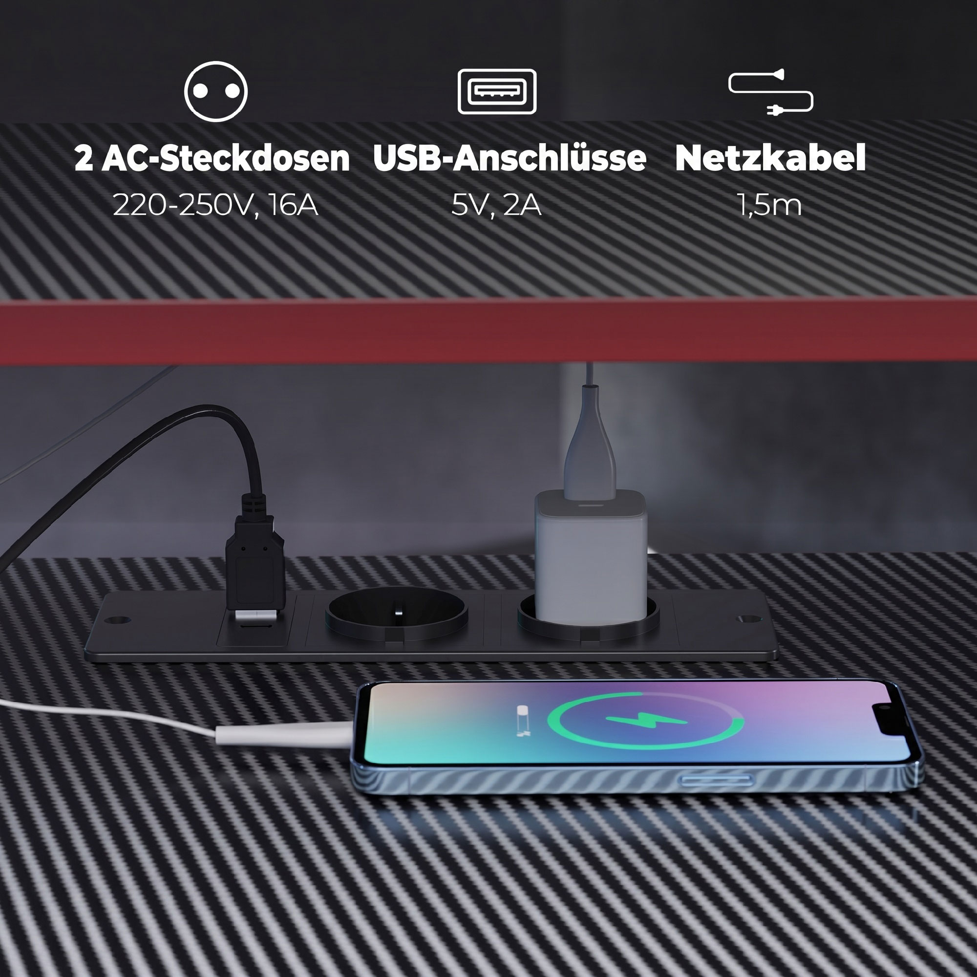 L-förmiger Computertisch mit Steckdosen, 128 cm Eckschreibtisch mit Monitorständer, Kopfhörerhaken & Getränkehalter
