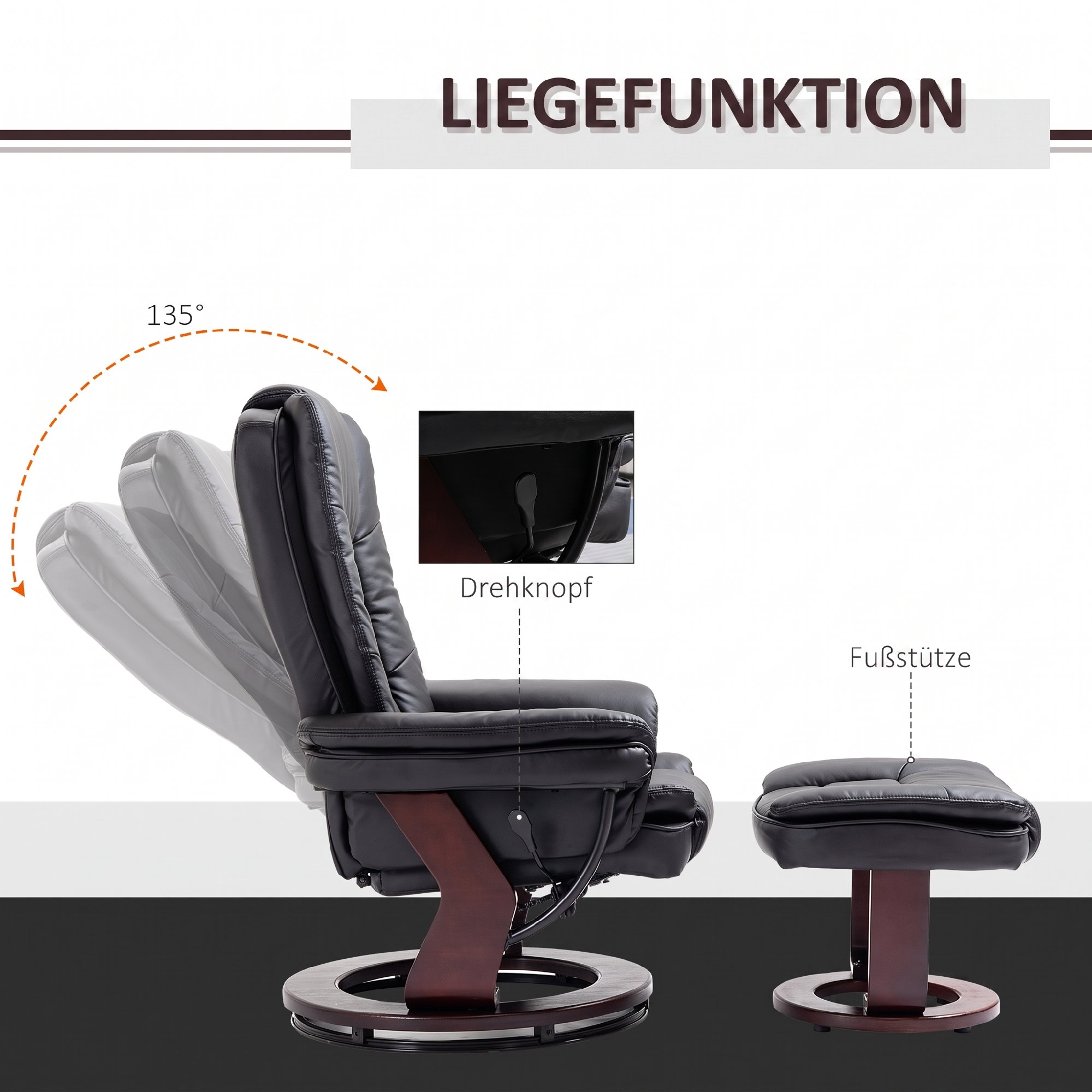 Relaxsessel mit Hocker, Liegesessel, drehbar, neigbare Lehne, Lederoptik, bis 130 kg, Schwarz
