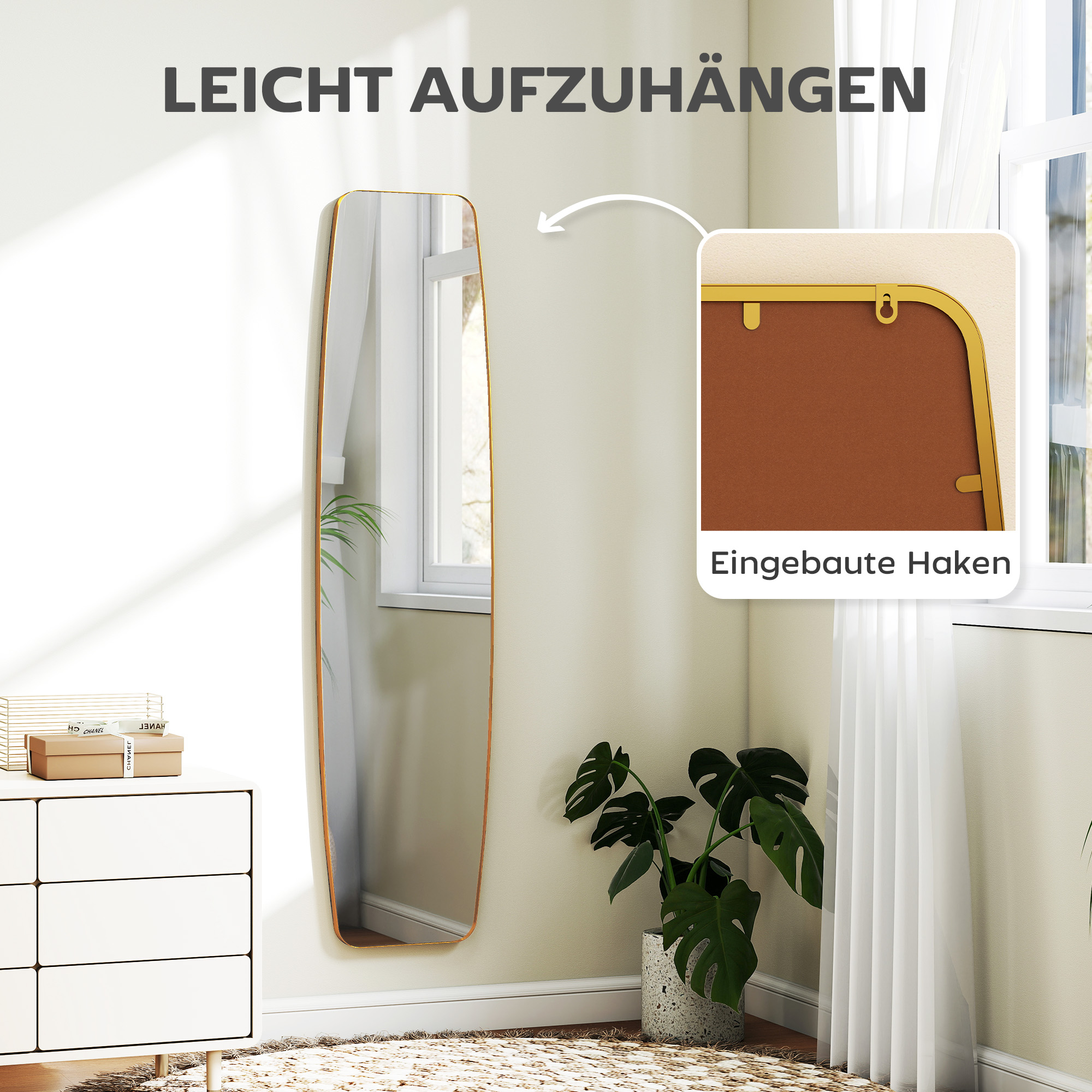 Wandspiegel Fenster Spiegel mit Metallrahmen Dekorativer Hängespiegel Flurspiegel, 160 x 40 x 3 cm, Gold