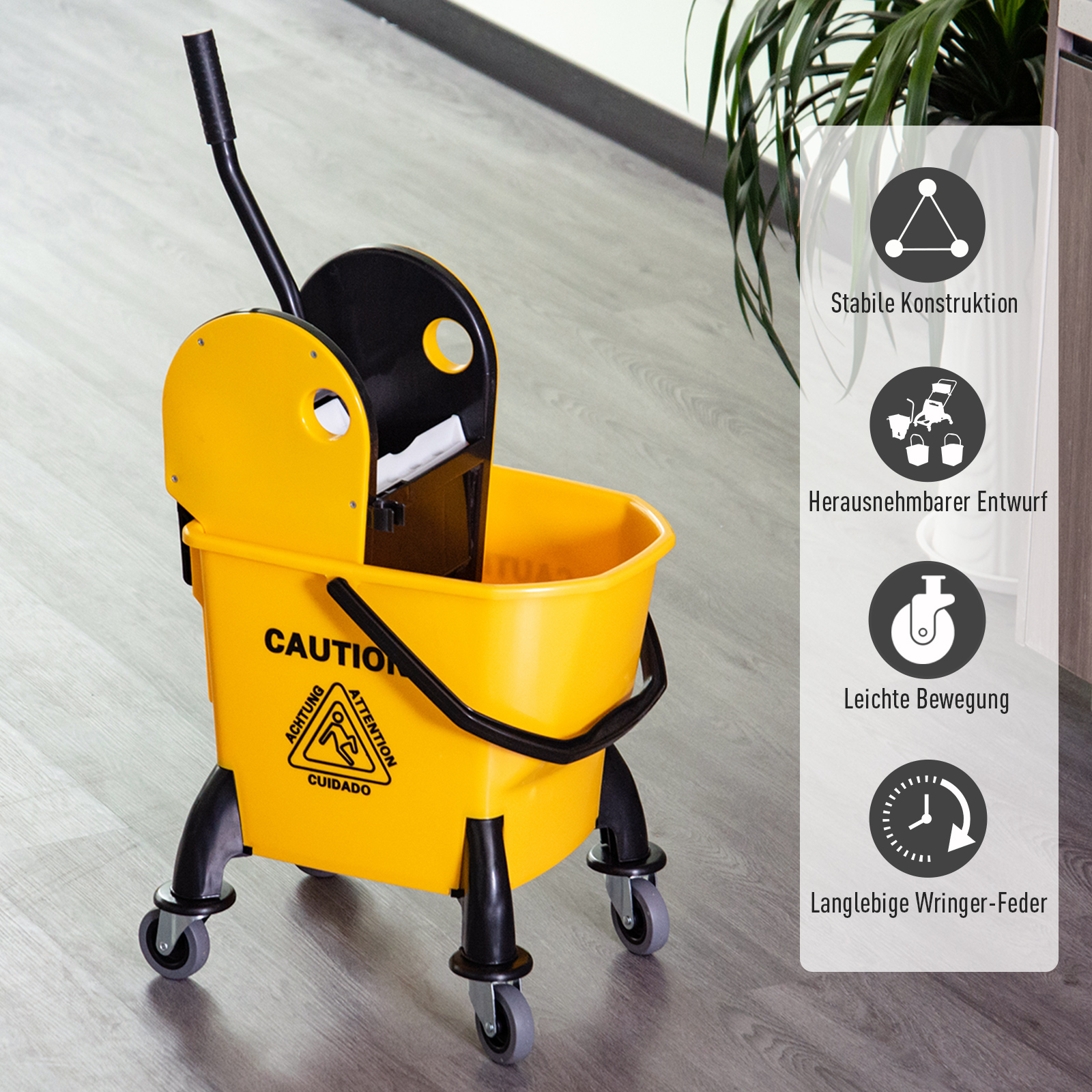 Reinigungswagen Fahreimer Putzeimer Wischwagen mit Auswringvorrichtung 26 Liter, Gelb, 44 x 36 x 90 cm
