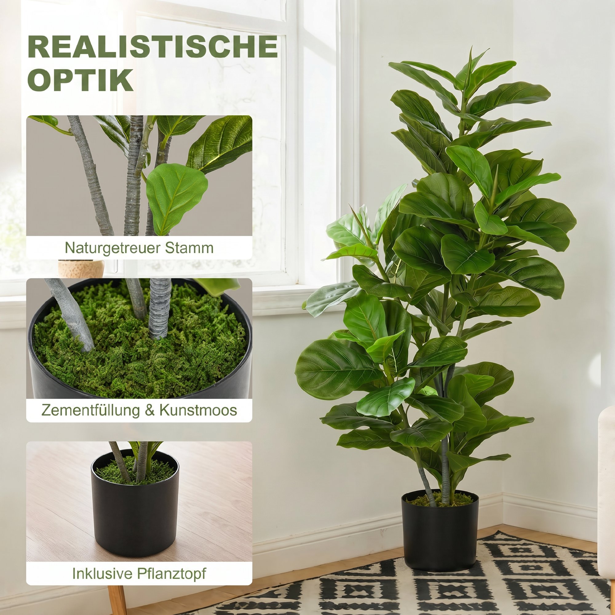 Künstliche Ficus-Pflanze, 110 cm hoch mit 90 Blättern & Topf für Wohnzimmer