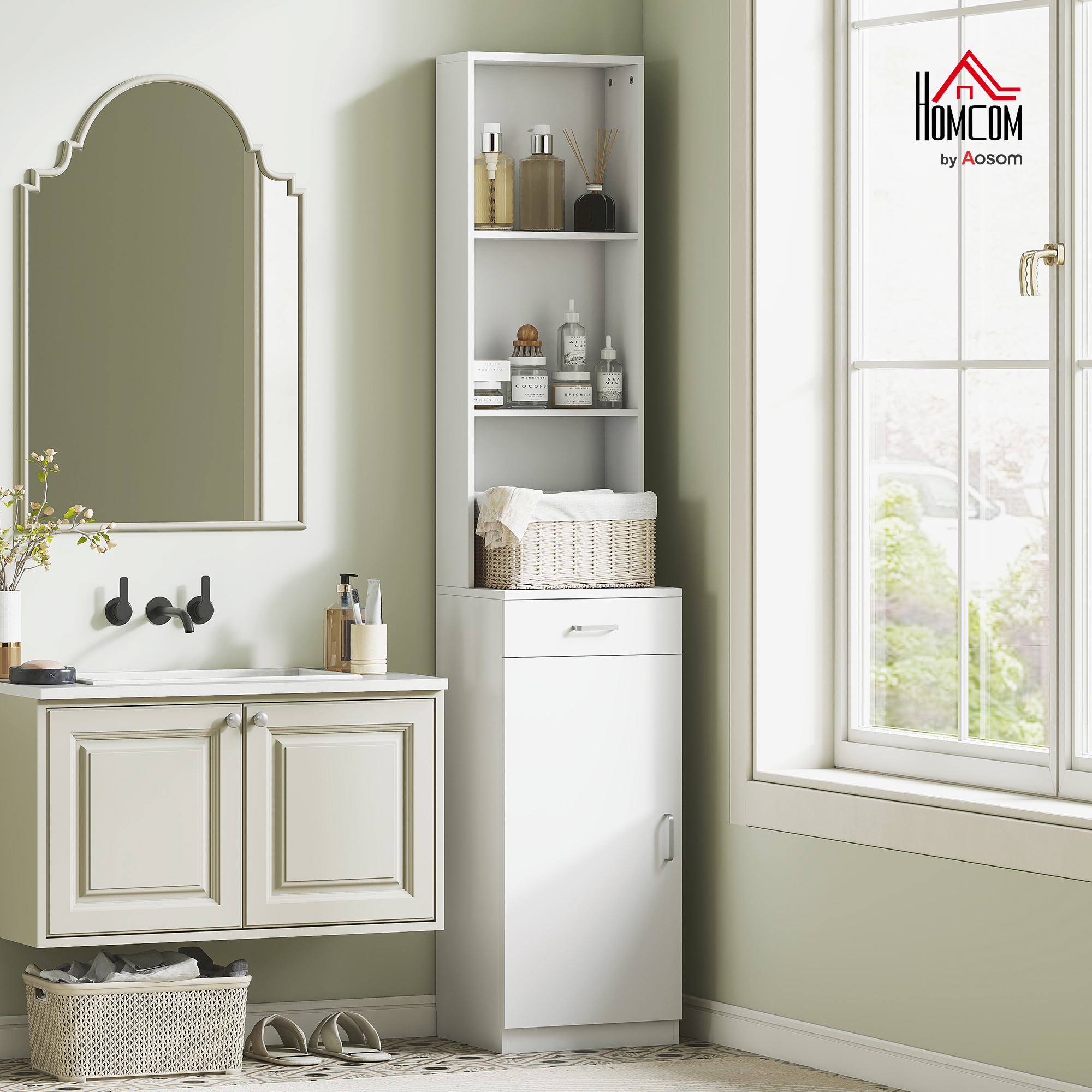 Hoher Badezimmerschrank, schmales Design, Schublade, Regale, Schrank, Spanplatte, Weiß