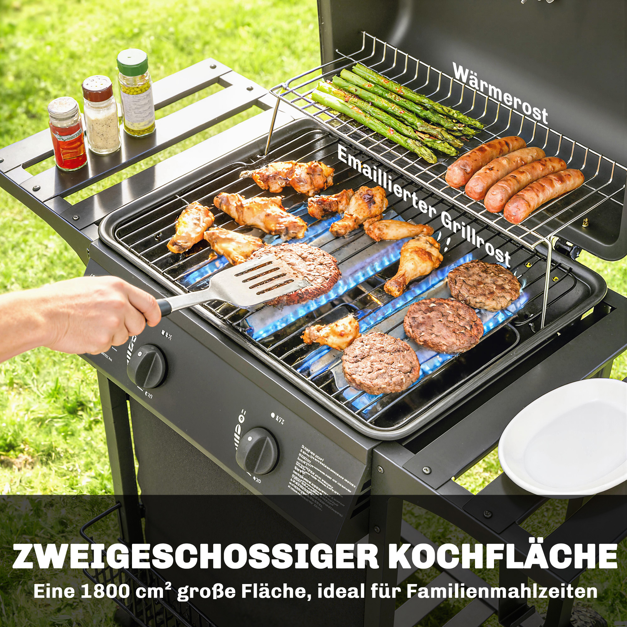Gasgrill 5kW 2 Brenner BBQ Grillwagen Edelstahl inkl Seitentisch Unterkorb Frontabdeckung Thermometer Emaille-Grillrost