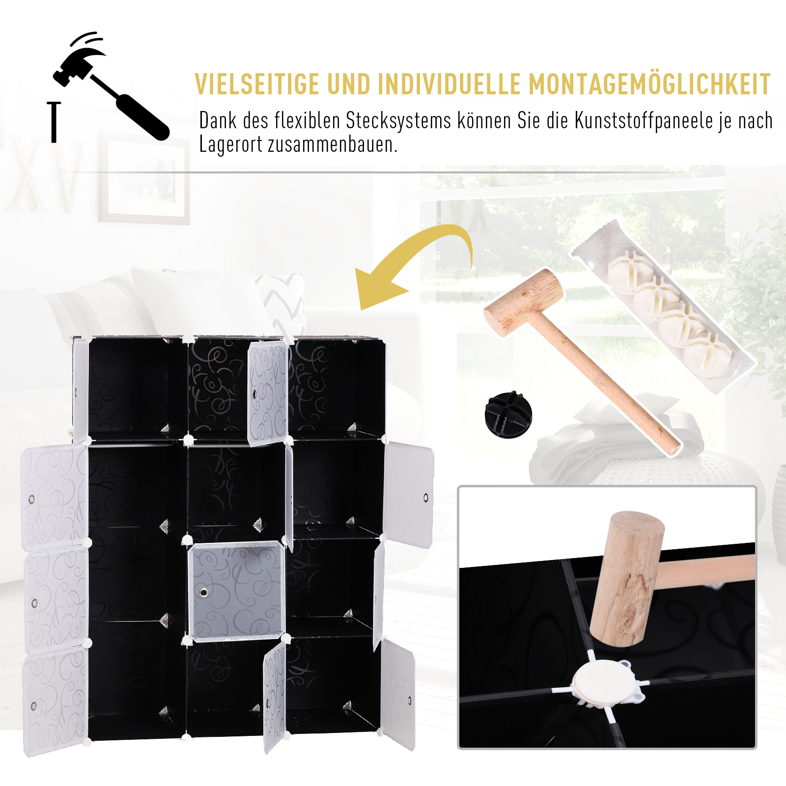 DIY Kleiderschrank Regalsystem mit 2 große und 9 kleinen Würfeln DIY-Würfelregal, Schuhregal, Aufbewahrungsregal für Büchern Spielzeug Schwarz 111 x 47 x 145 cm