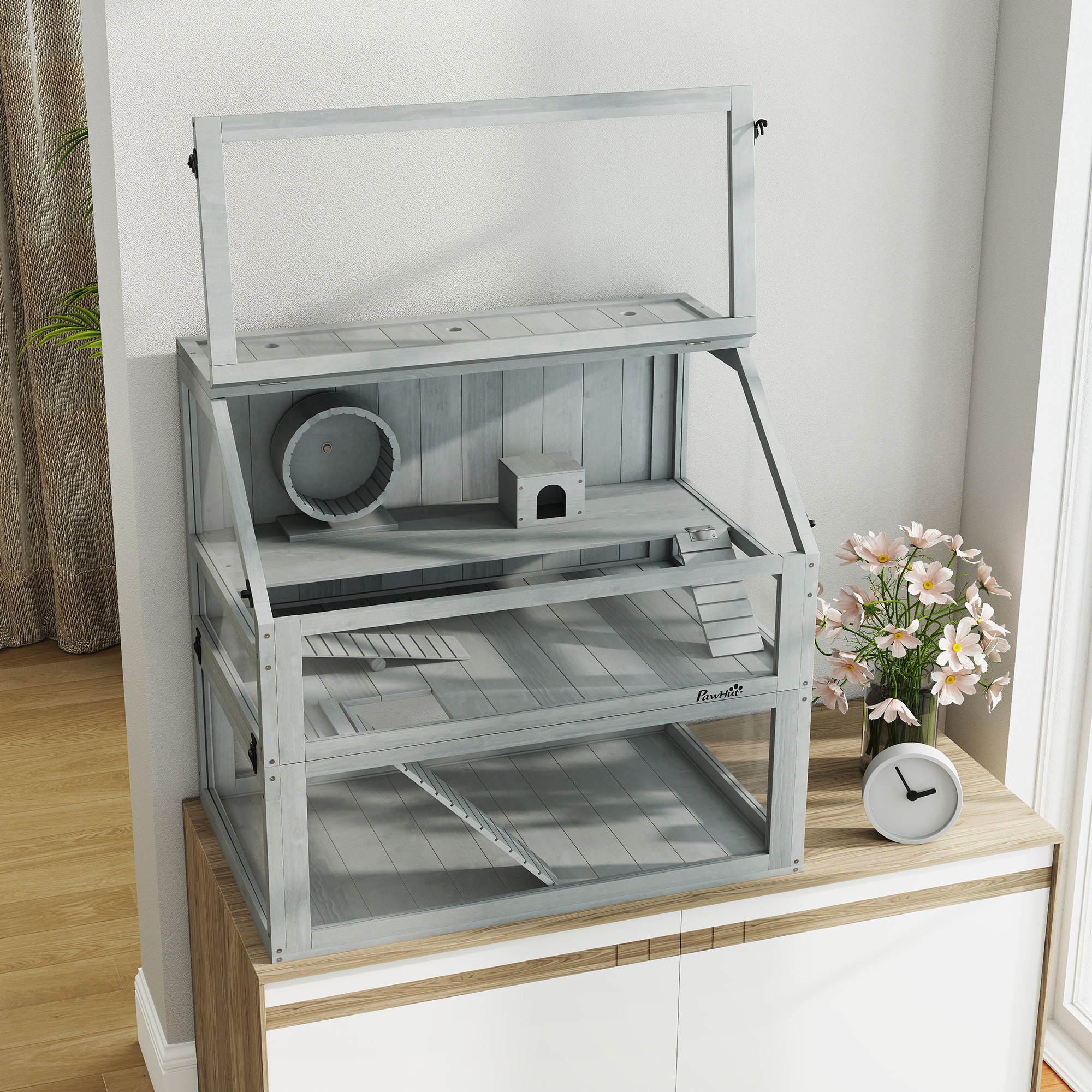 Hamsterkäfig Holz, 3 Etagen mit Untergeschoss, abnehmbare Ebene, für Kleintiere, 80x50x76cm, Hellgrau