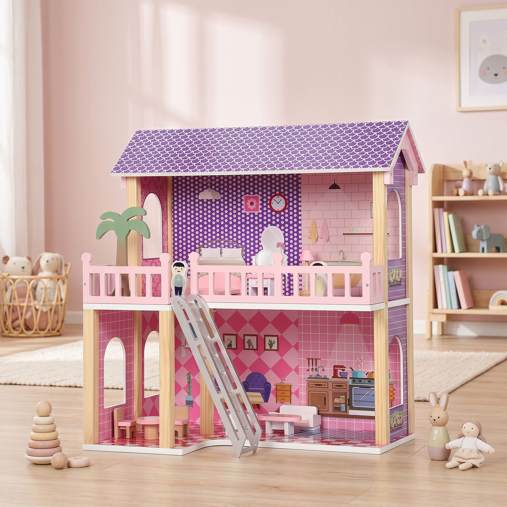 Puppenhaus 69 cm Hoch 2-stöckig mit 2 Puppen 11 Möbeln Leiter Balkon Groß für Mädchen von 3-6 Jahren Rosa