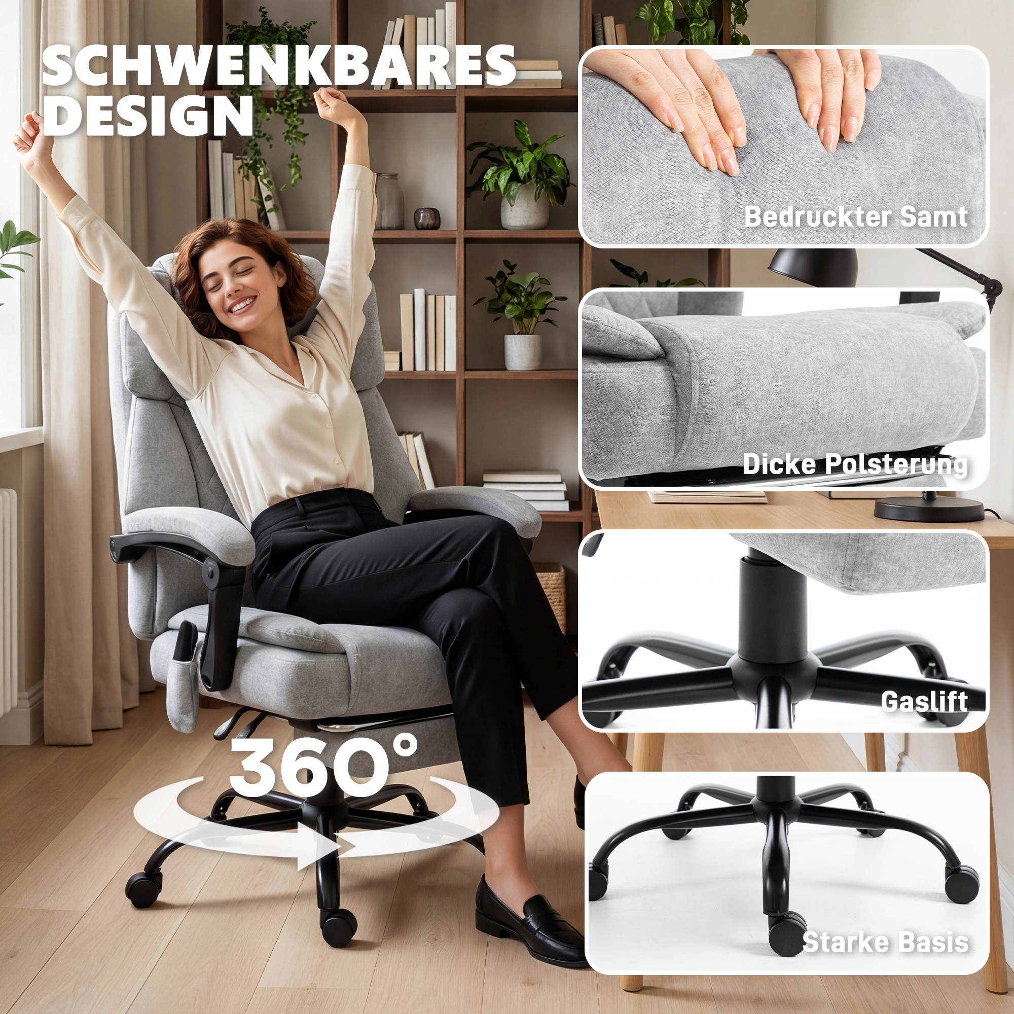 Hochlehner Massage-Bürostuhl mit Vibration, Wärmefunktion, verstellbarer Rückenlehne, Fußstütze, Fernbedienung, grau