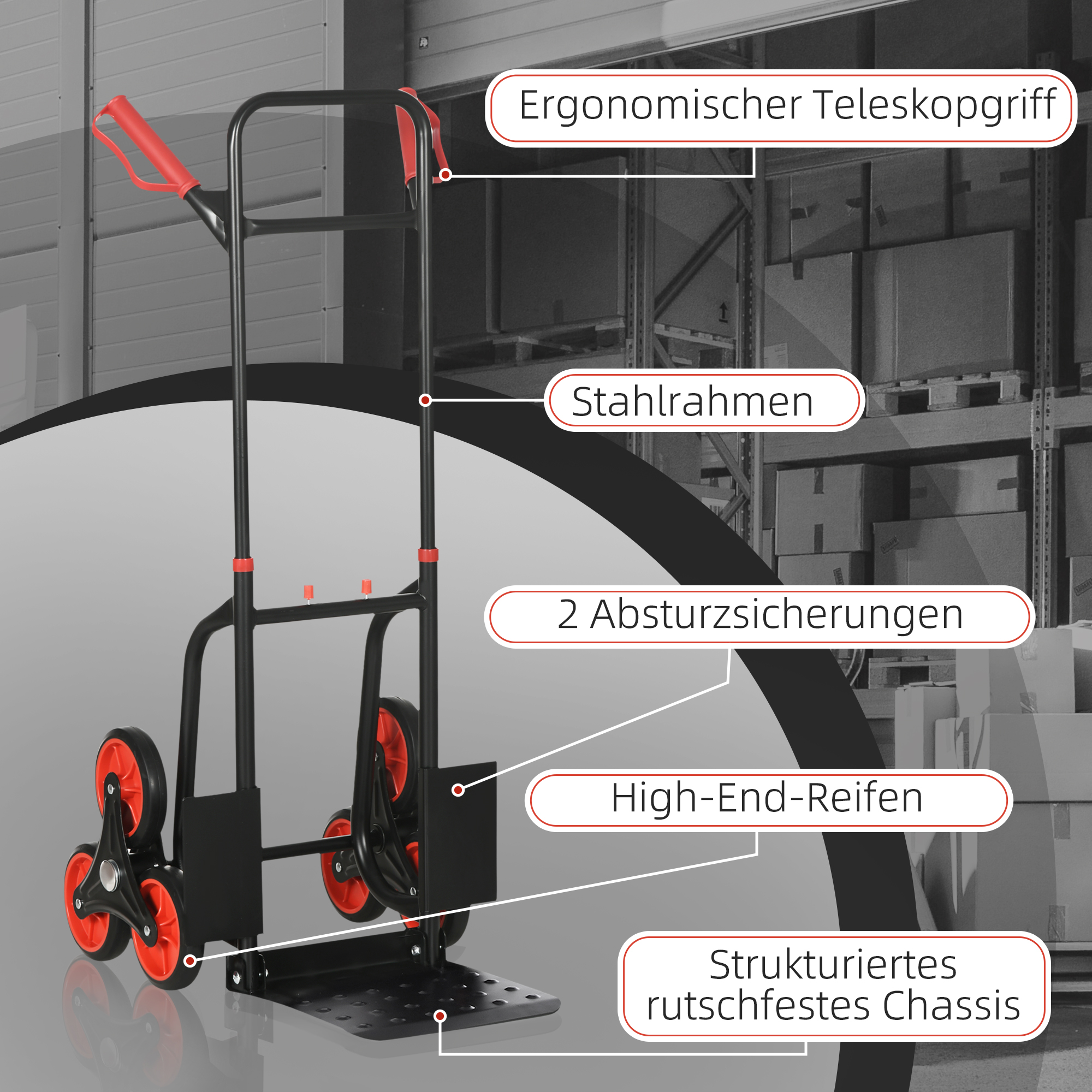 Treppensteiger Sackkarre klappbar Transportkarre mit Stahlrahmen max. 120kg 105,5 cm Transportwagen für Umzug Werkstatt Lager
