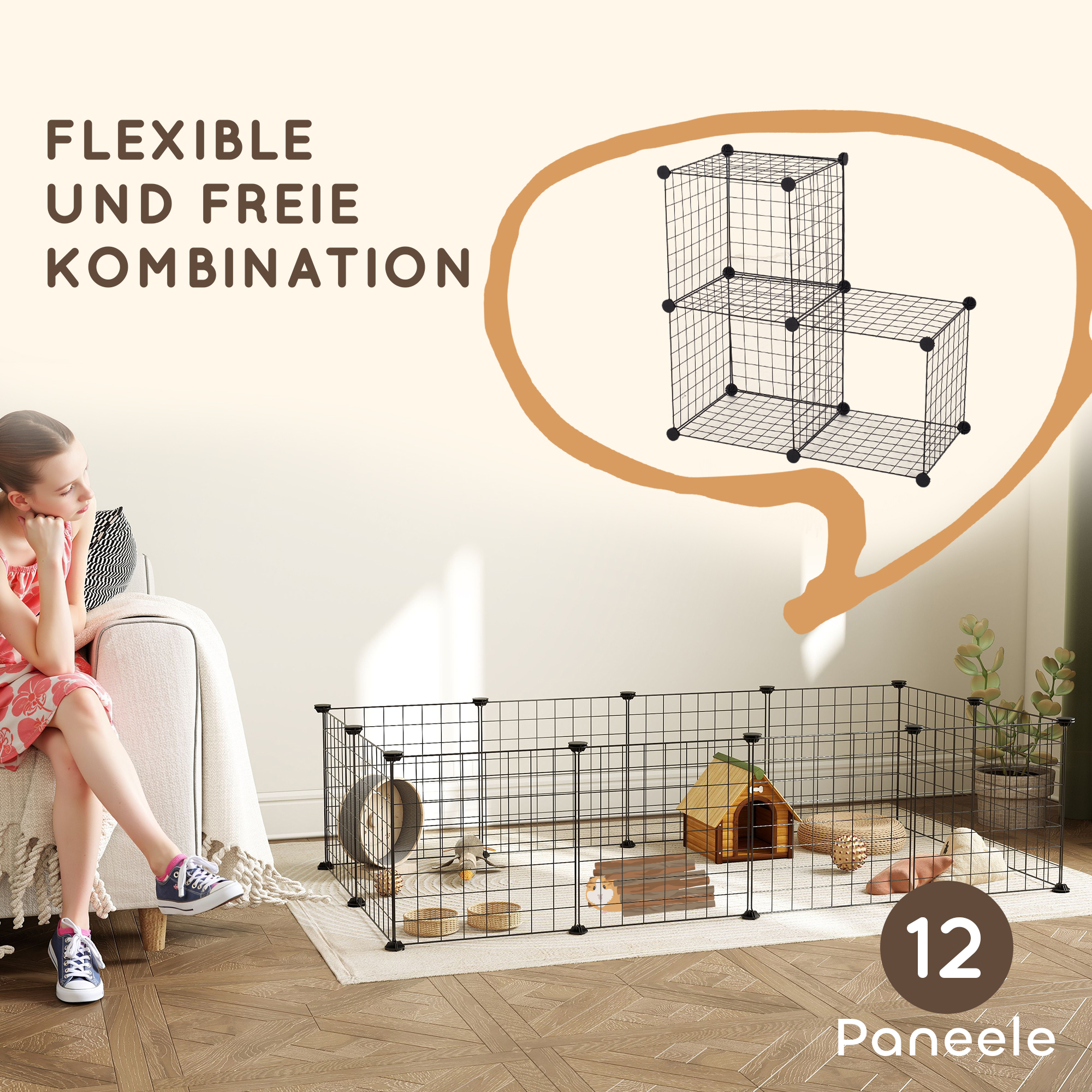 Freigehege, Freilaufgehege, Laufstall mit Metallgitter, flexibel kleintiergehege für kleintiere, umformbar Gehege für innen und außen, 106 x 73 x 36 cm, schwarz