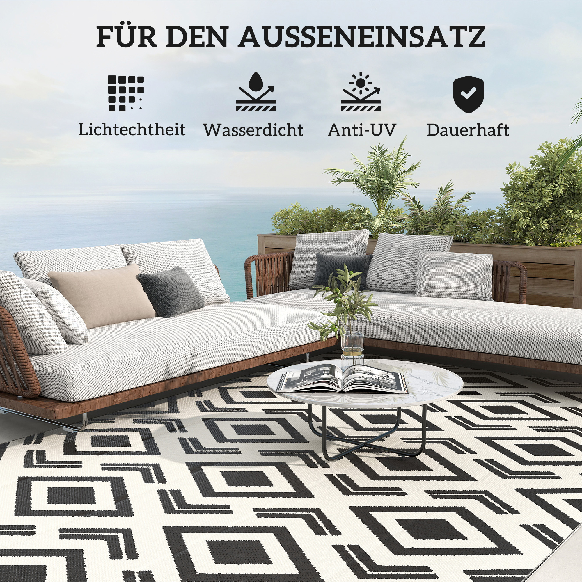 Outdoor Teppich robuster Wetterfest Outdoorteppich mit Tragtasche, faltbar Carpet Boho-Style 182 x 274 cm Schwarz+Weiß