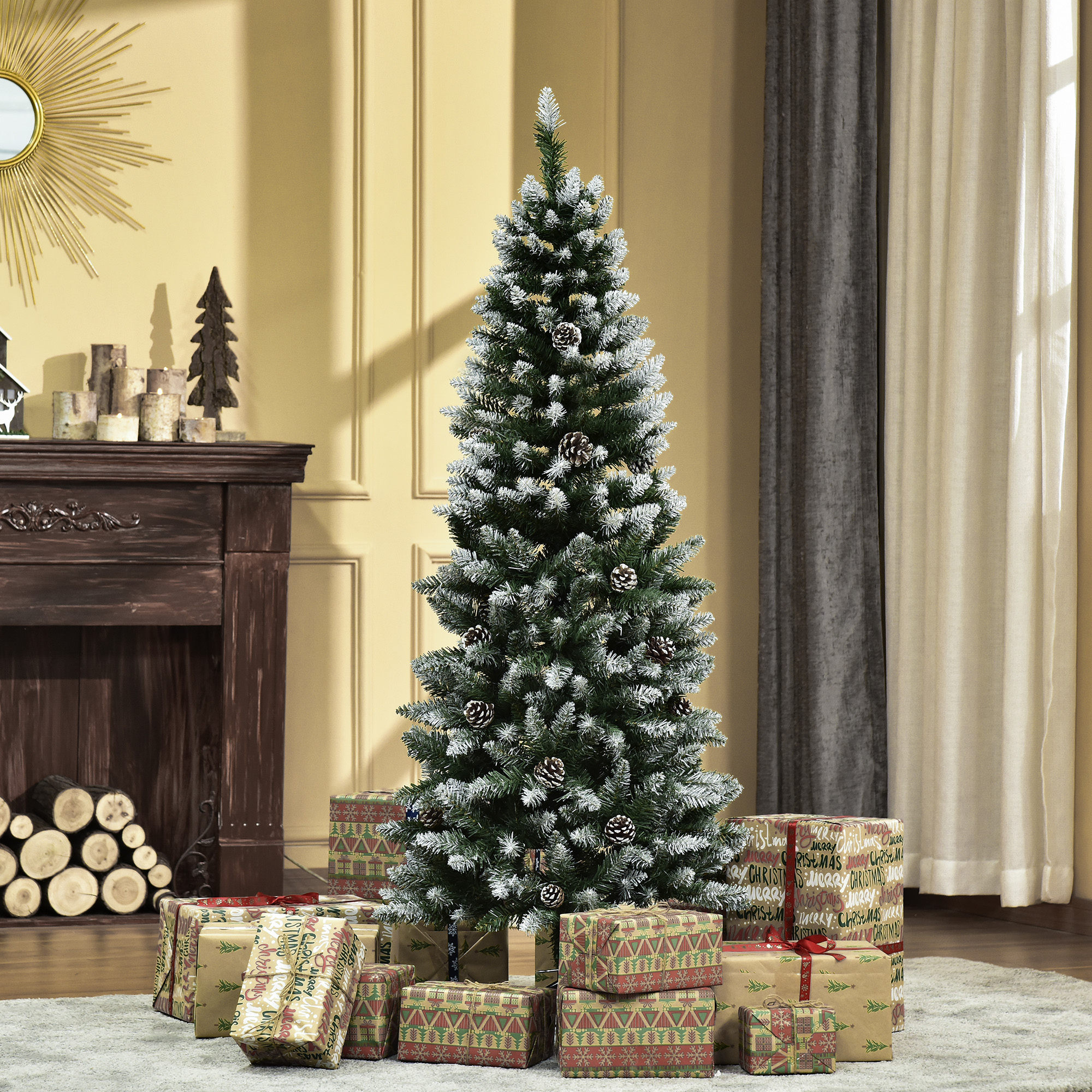 Weihnachtsbaum, 630 Zweige, 37 Zapfen, verschneite Spitzen, feuerfest, 150 cm