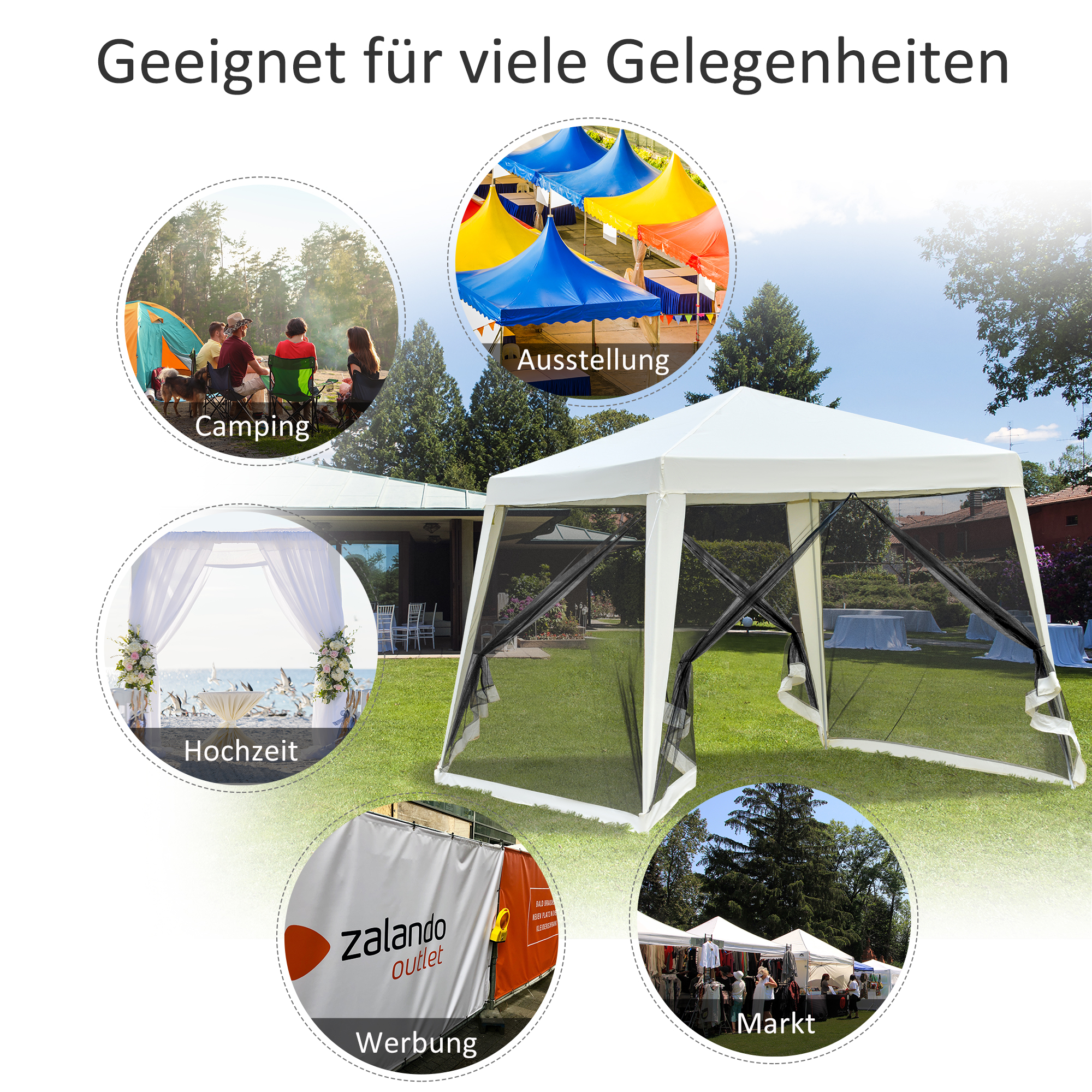 Gartenpavillon Pavillon Festzelt Partyzelt wetterfest Zelt mit Moskitonetz Metall + Polyester Cremeweiß 3 x 3 m