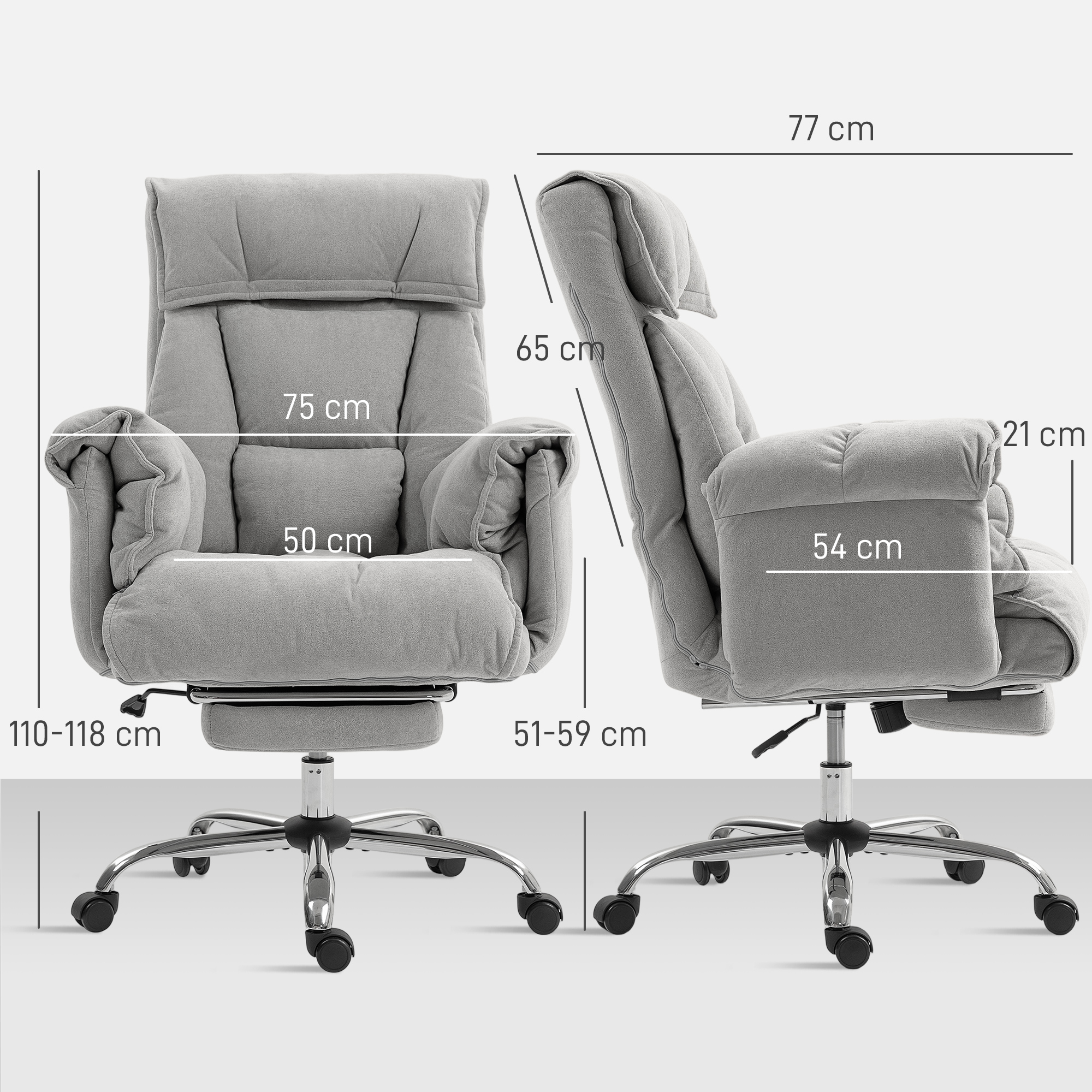 Bürostuhl Neigbar Höhenverstellbar Schreibtischstuhl mit Armlehne Fußstütze hoher Rückenlehne 75 x 77 x 110-118 cm Grau