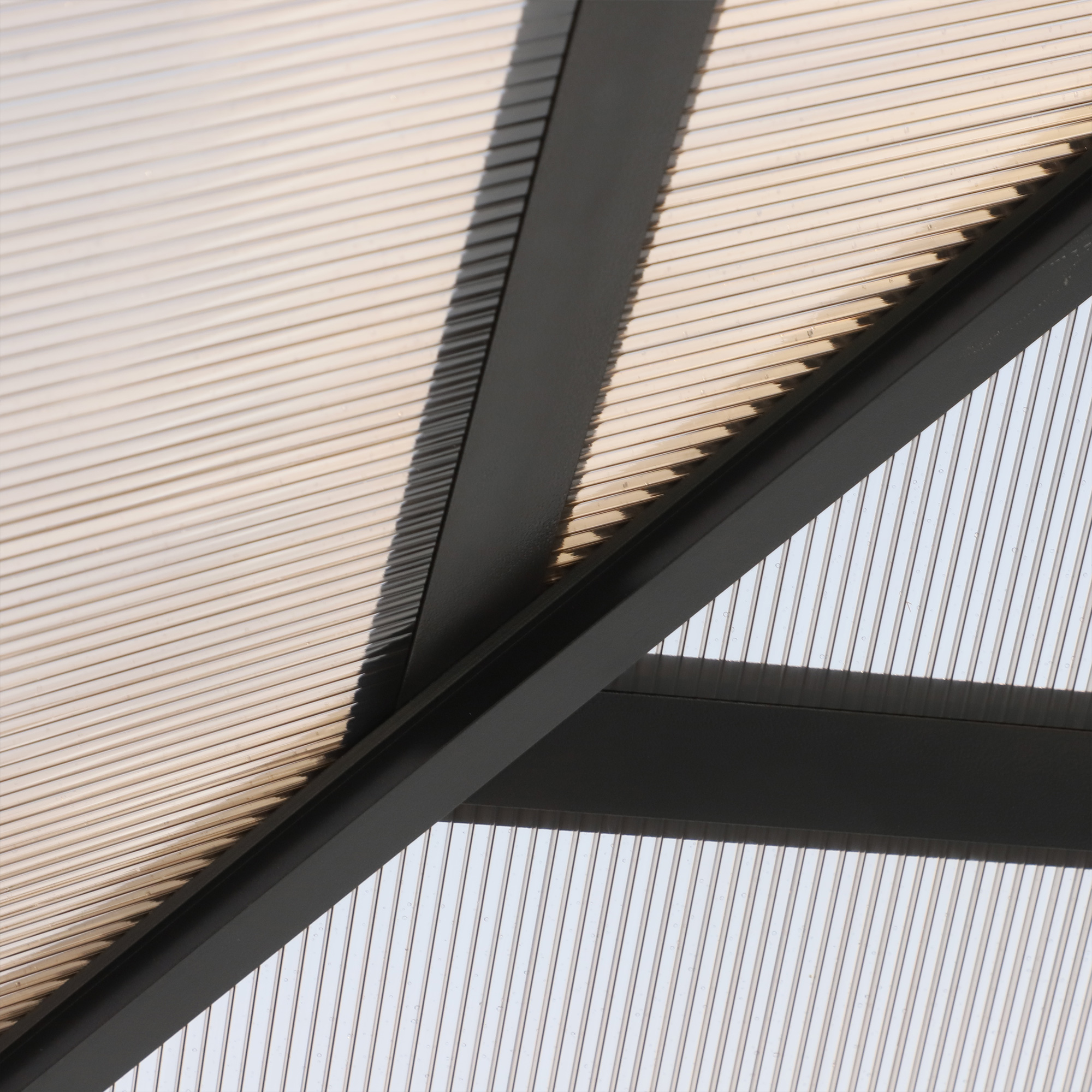 Pavillon mit Polycarbonatdach, Vorhänge mit Fliegennetz, Alugestell, dunkelgrau, 3 x 3 m