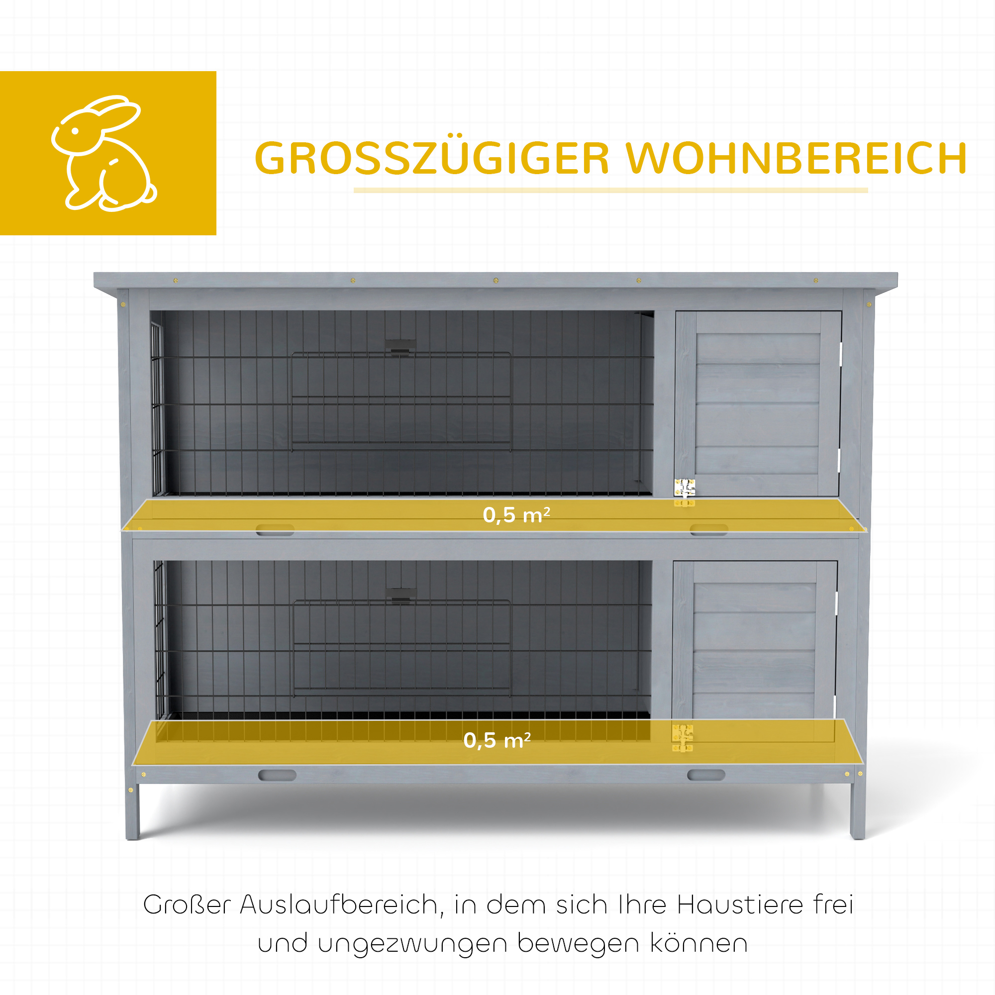 Hasenstall Kaninchenstall aus Holz mit 2 Etagen Asphaltdach Bodenwanne Türen für Kleintiere 136,4 x 50 x 93 cm Grau