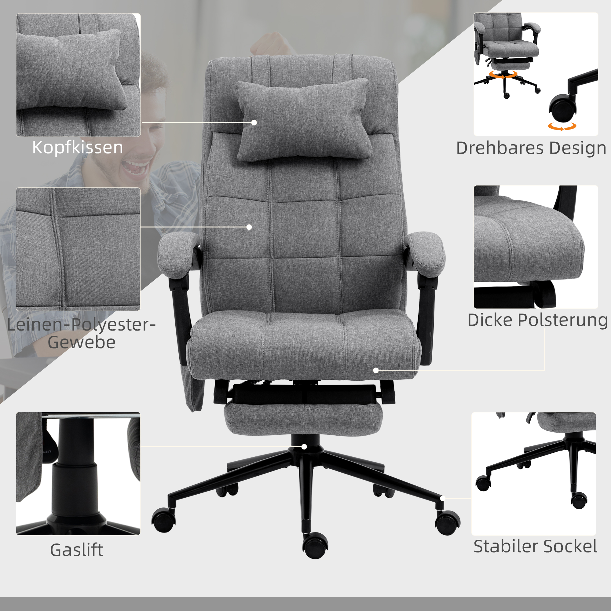 Bürostuhl mit Massagefunktion, ergonomisch, 66x76x112-120cm, Grau