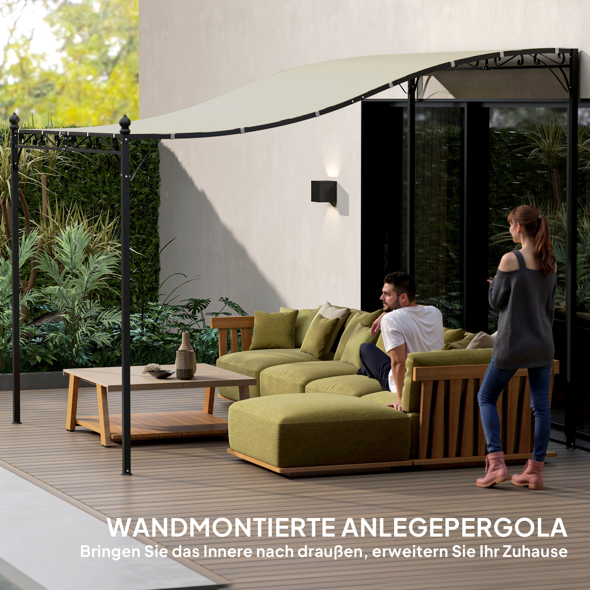 3 x 2,5 m Pergola, Wandmontierter Garten-Pavillon, wasserbeständig, Metallrahmen, Ablauflöcher, Schattendach, Cremeweiß