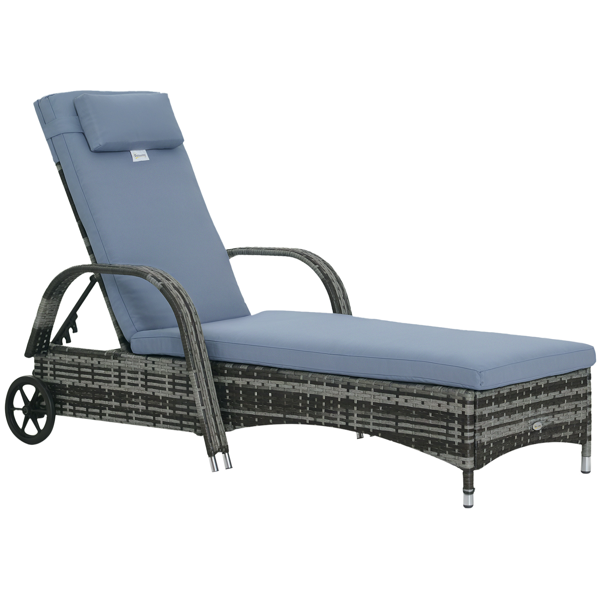 Sonnenliege Polyrattan Gartenliege mit 5-Fach verstellbarer Rücklehne, Polsterauflage, Rollen, Kissen, 160 kg belastbar Relaxliege Liegestuhl für Garten, 200x73x30-103cm, Grau