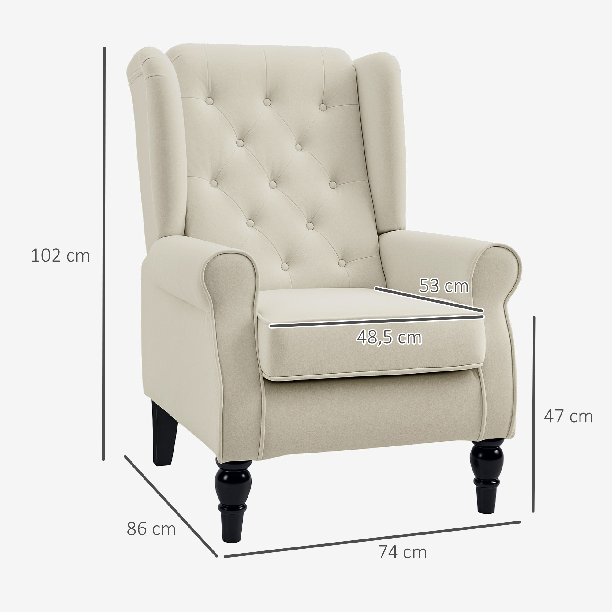 Ohrensessel Relaxsessel Sessel, Vintage-Design, Knopfheftung, gedrechselte Beine, 74 cm x 86 cm x 102 cm, Cremeweiß